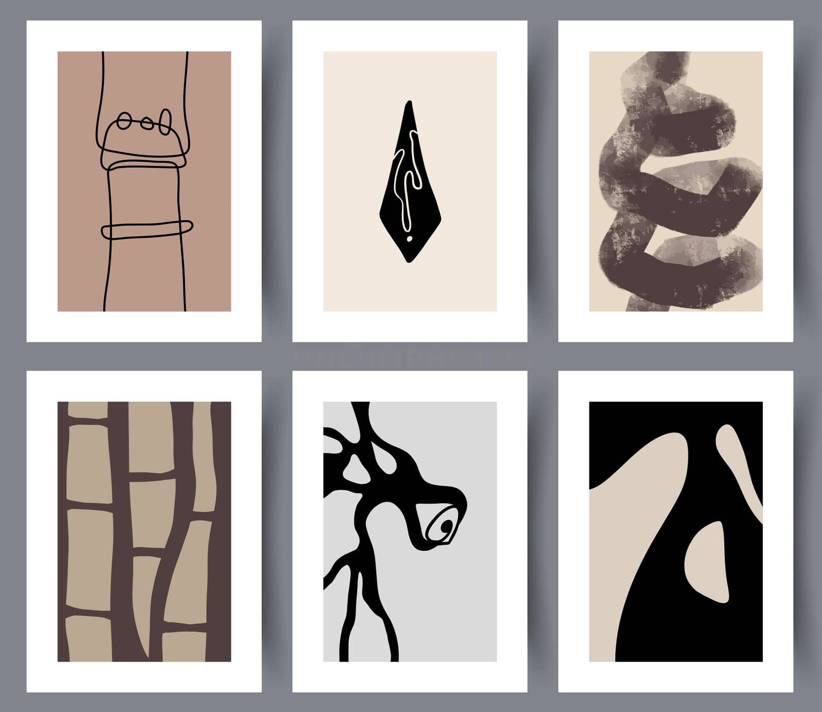 Set of simple modern abstract printable decorations and posters. Collection of hand drawn Nordic neutral style art wall banners for interior design. Vector illustration.