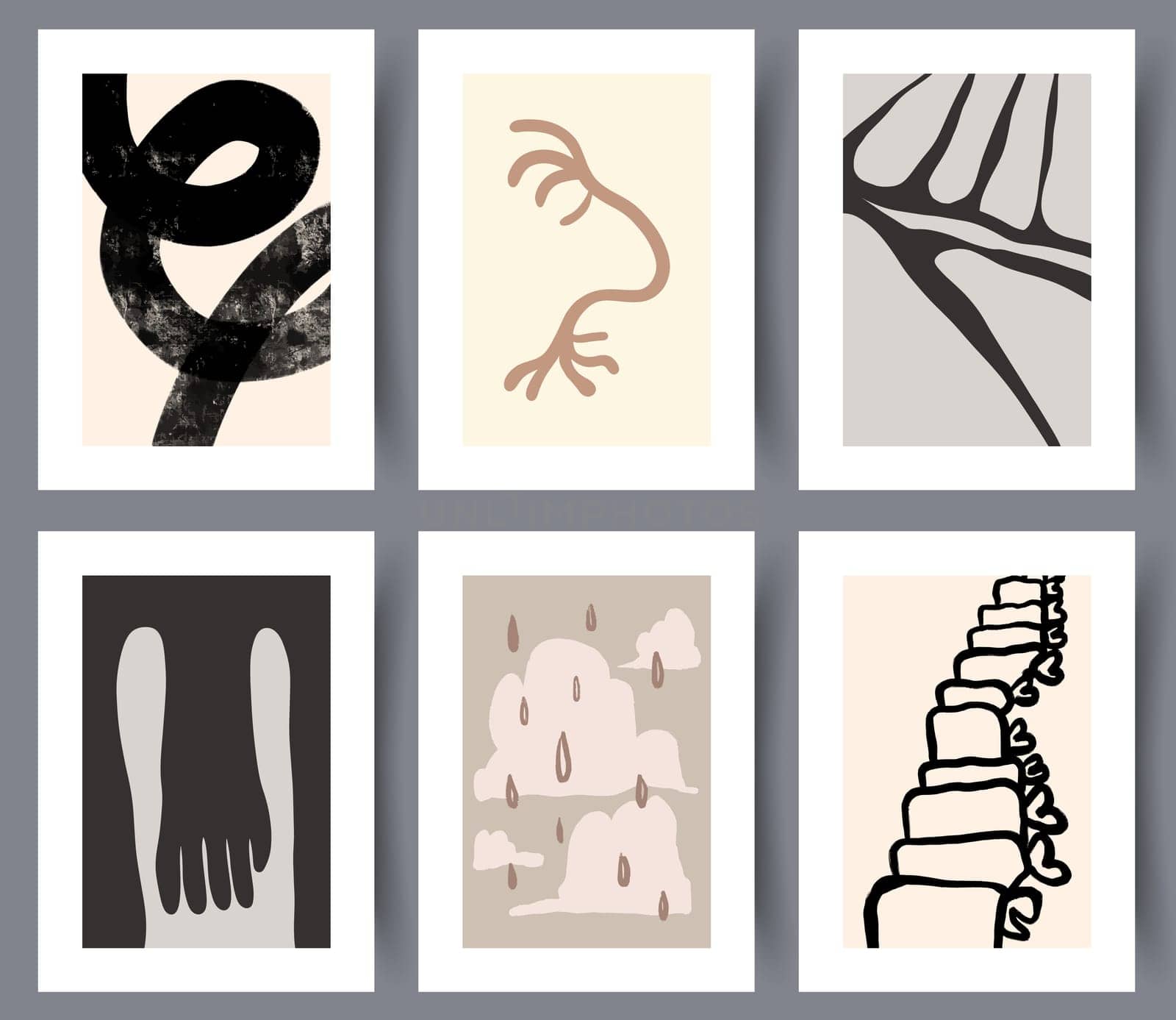 Set of abstract modern creative printable artworks designs. Collection of minimalistic abstractionism art wall decorations for print. Vector illustration.