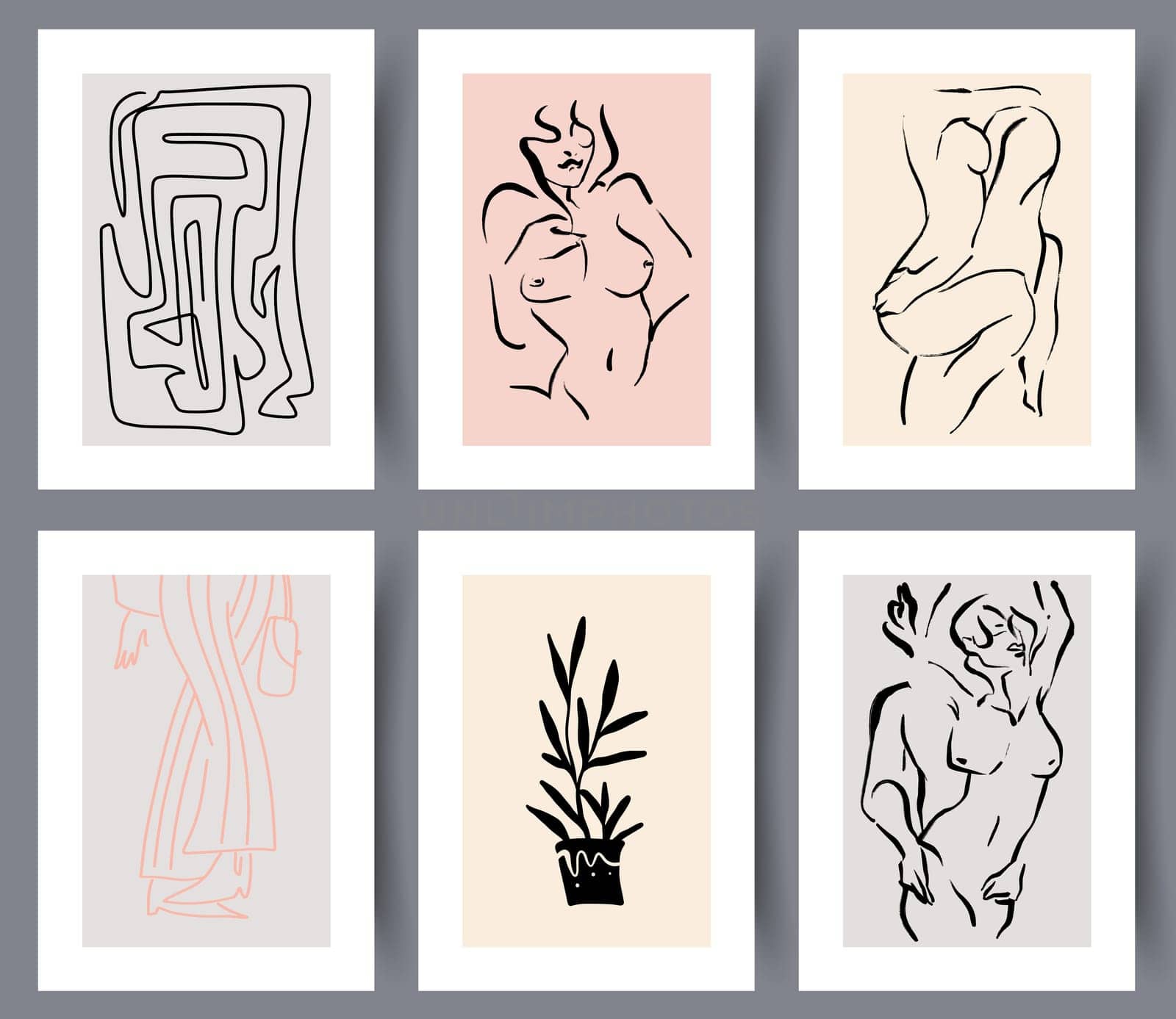 Set of hand drawn minimalistic art wall decorations for print. Collection of modern simple sexual artworks for interior design. Vector illustration.