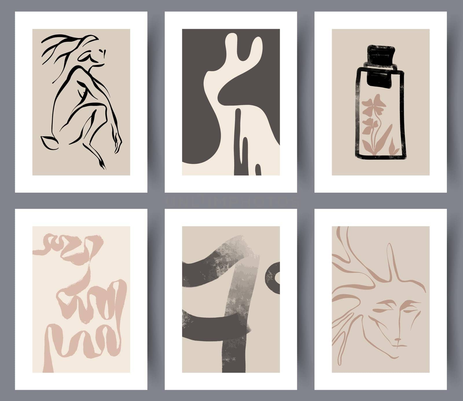 Set of modern hand drawn printable art wall decorations for interior design. Collection of abstract simple artwork posters or banners for print. Vector illustration.