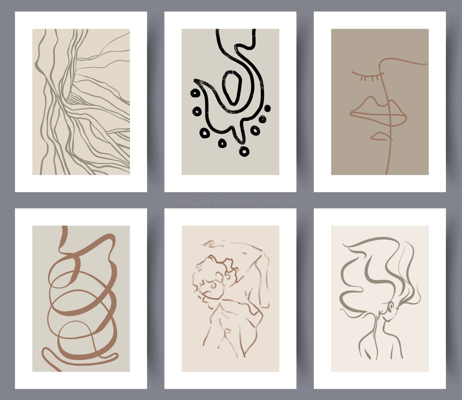Set of abstract simple art wall posters with lines and women silhouettes for interior design. Collection of printable modern artworks. Vector illustration.
