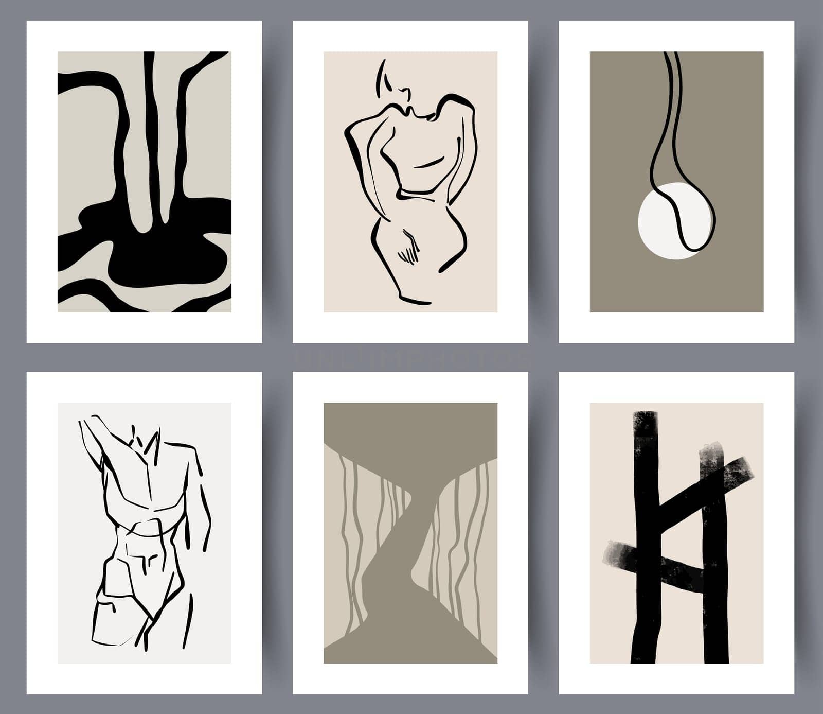 Printable hand drawn simple art wall posters collection. Set of modern abstract artworks in neutral Scandinavian style for interior design. Vector illustration.