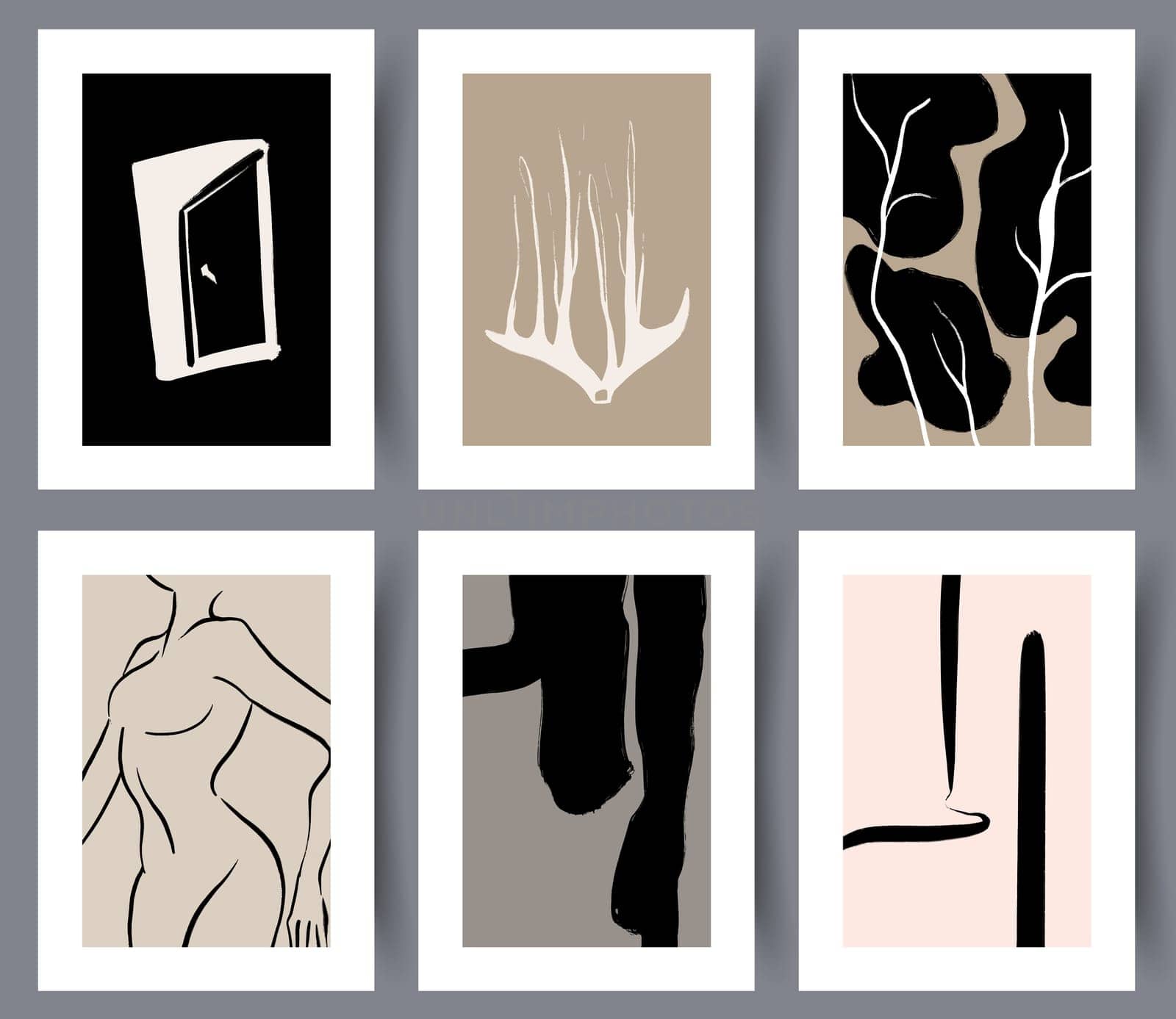 Set of simple abstract printable art wall decorations for interior design. Collection of modern abstractionism posters for print. Vector illustration.