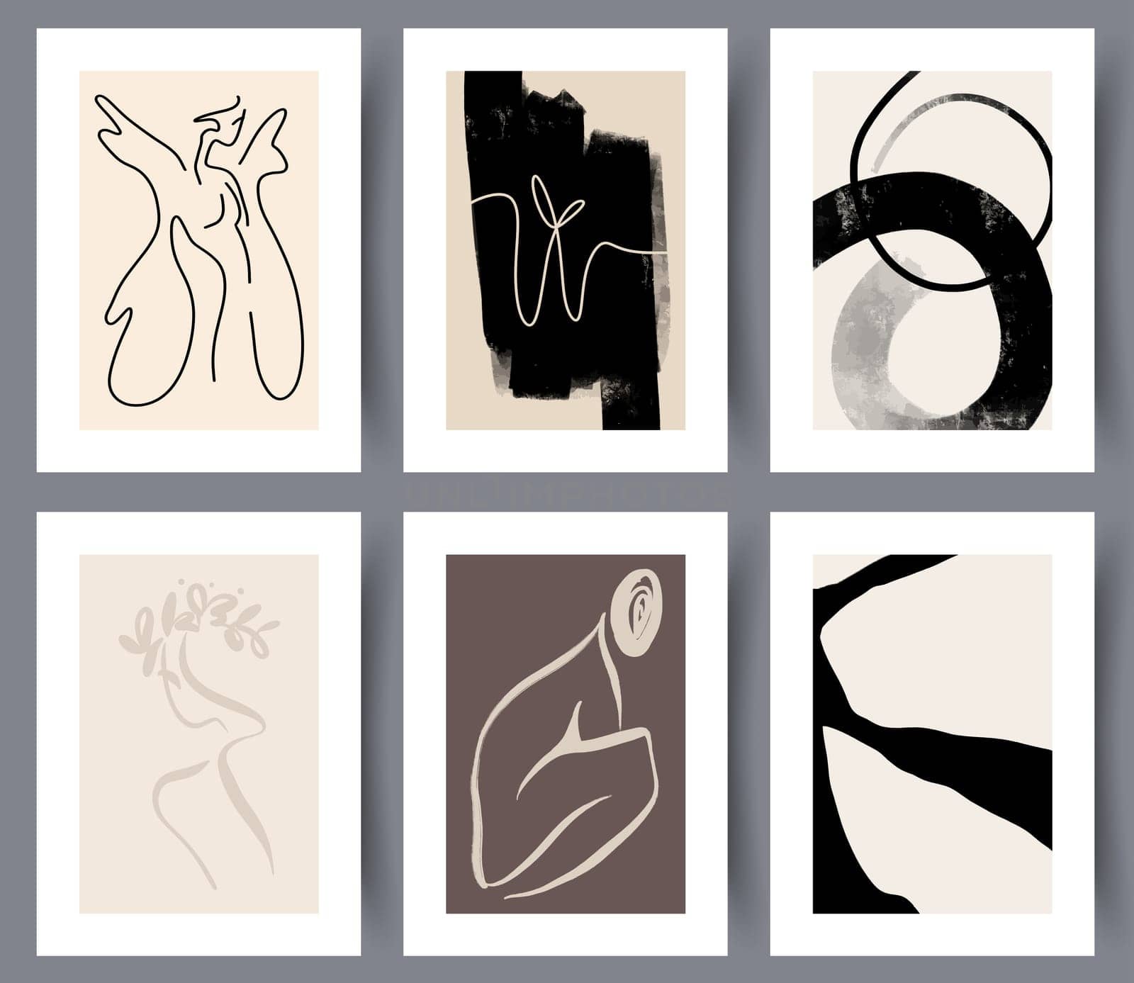 Set of simple abstract modern art wall poster or banner for interior design. Collection of abstractionist hand drawn paintings for print. Vector illustration.