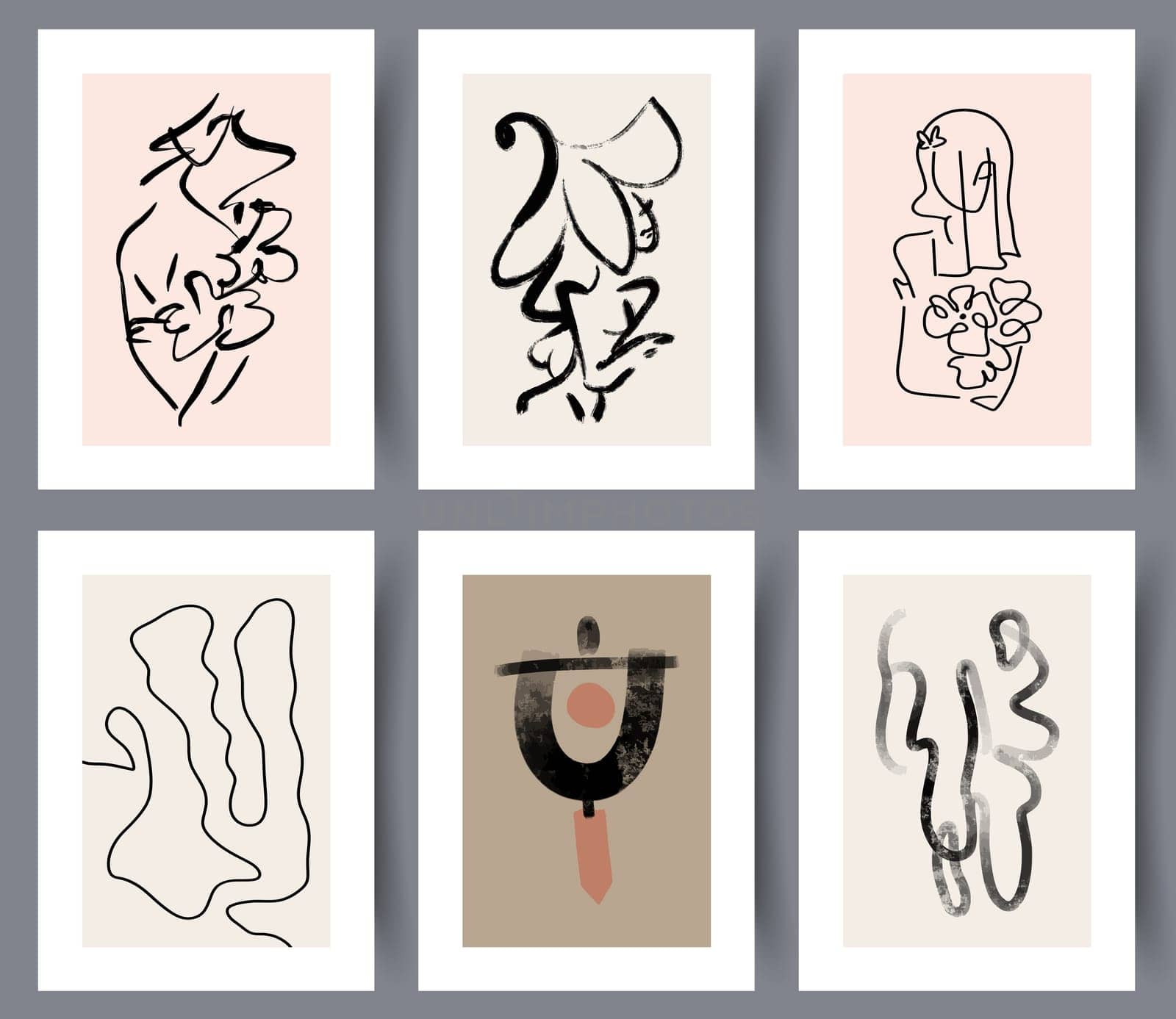 Set of hand drawn minimalistic Japanese drawing posters. Collection of printable abstract wall art designs for home interior. Vector illustration.