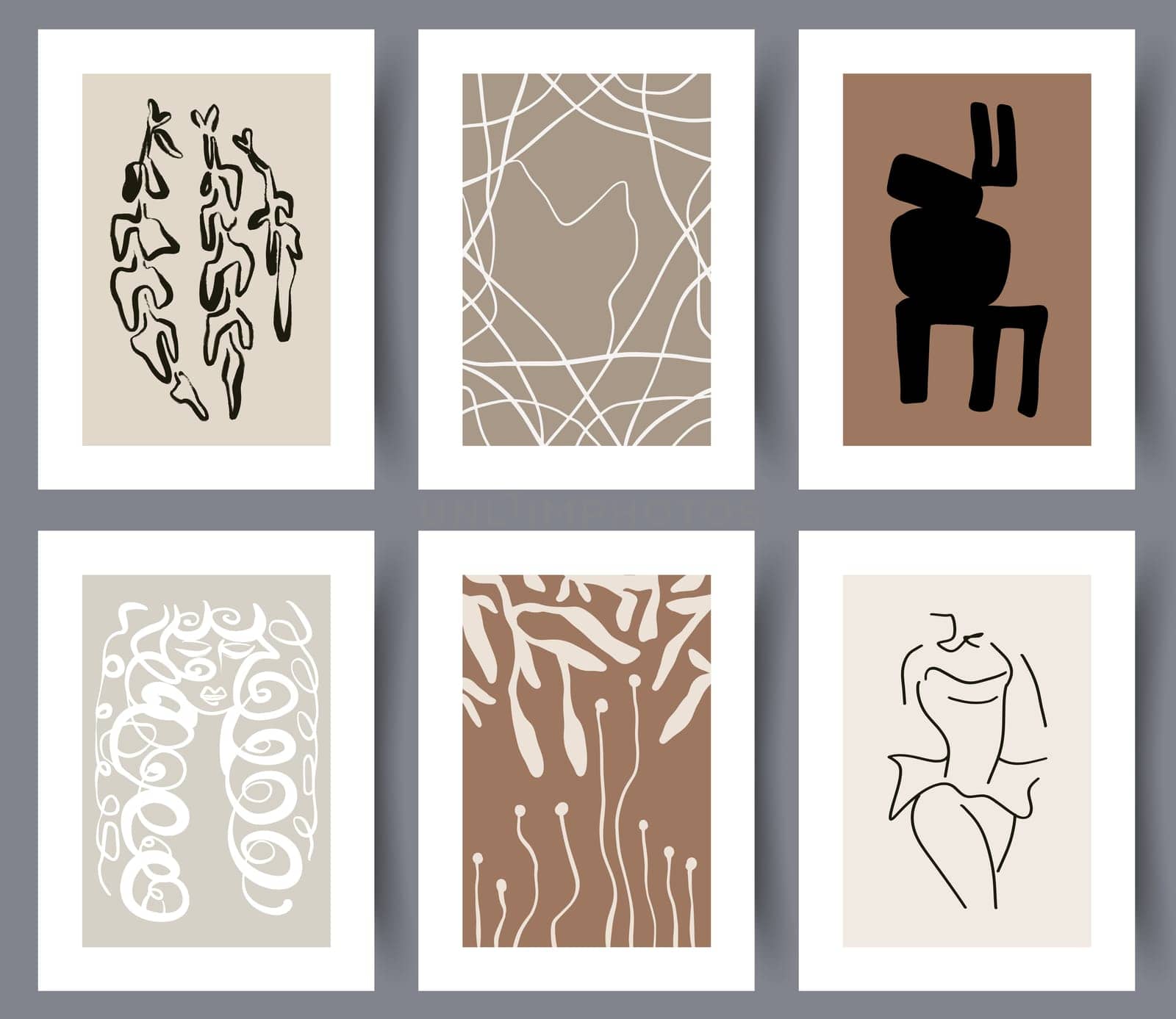 Set of abstract hand drawn art wall posters for interior design. Collection of modern simple Nordic style artworks for print. Vector illustration.