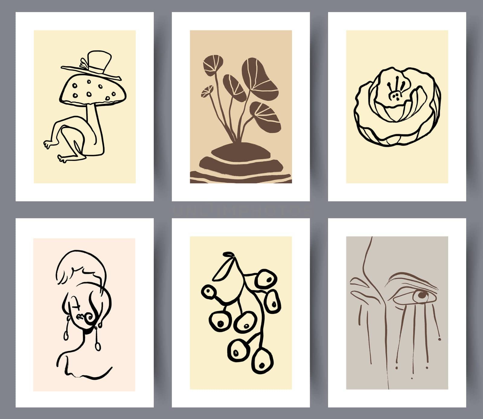 Set of eccentric modern artworks for print for interior design. Collection of printable abstract art wall decorations. Simple creative artwork bundle. Vector illustration.
