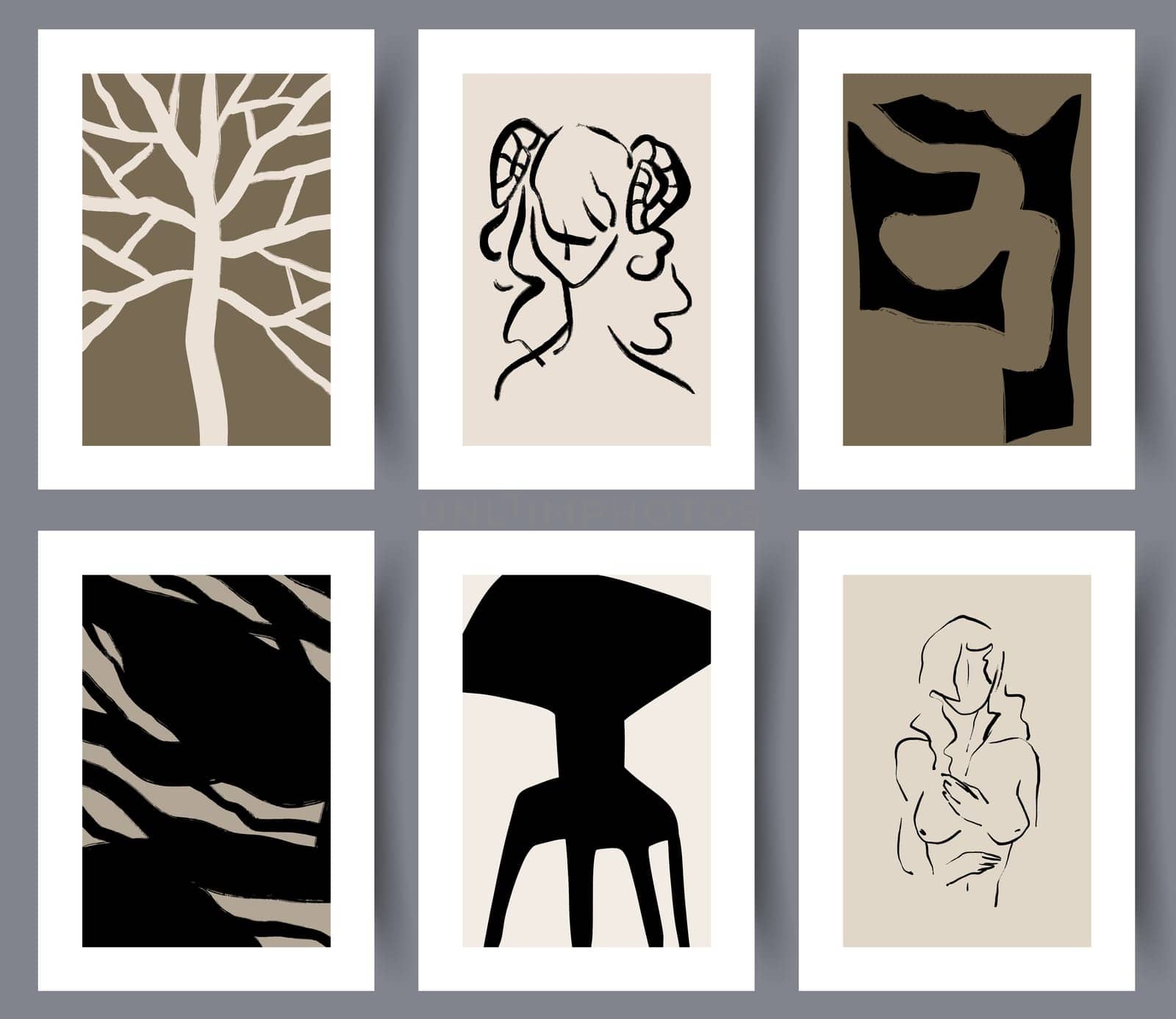 Collection of printable modern Nordic artworks for interior design. Set of abstract art wall posters or banners for indoors decoration. Vector illustration.