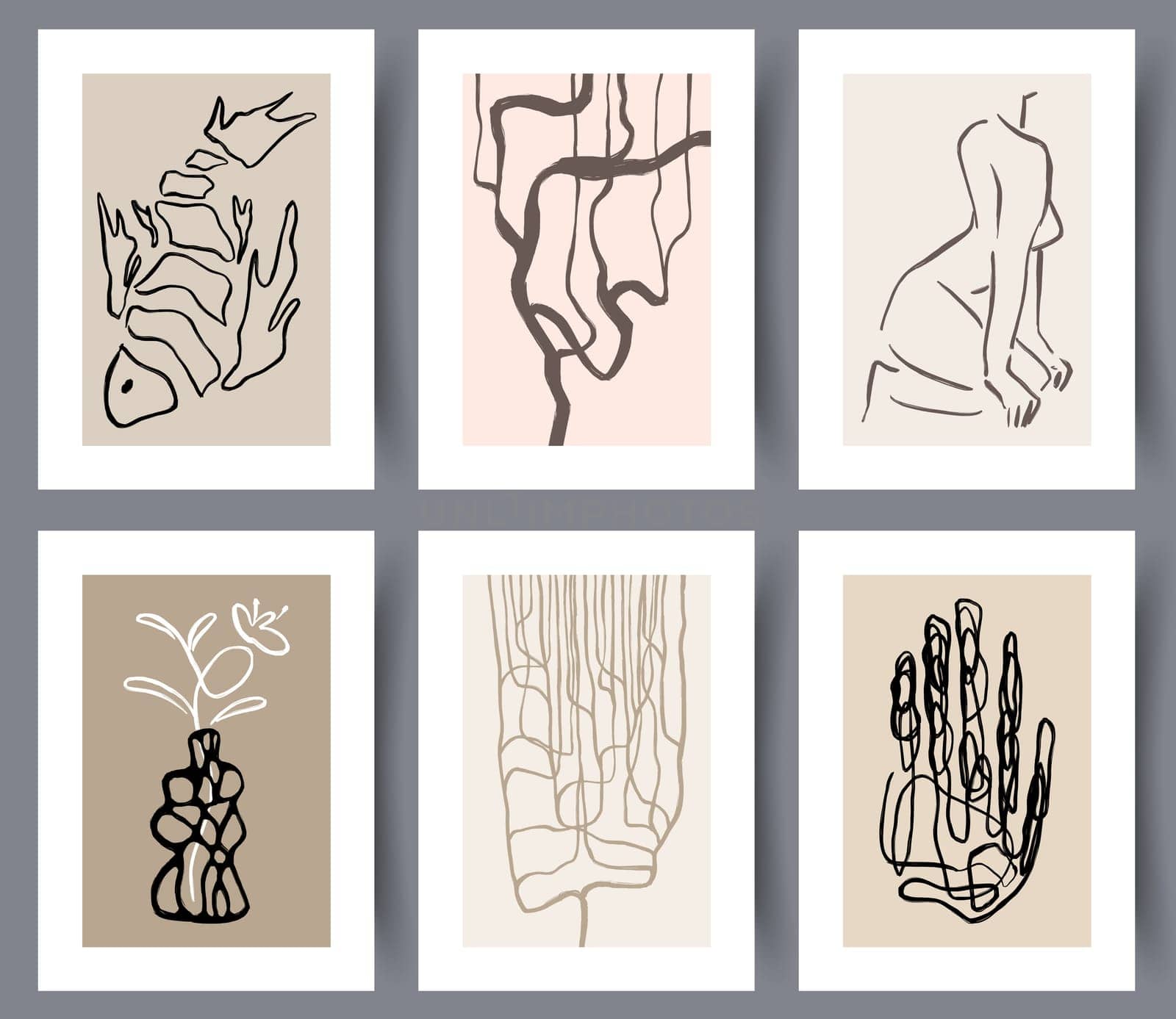 Printable minimalistic wall art paintings set. Collection of scandianvian posters or banners for indoors interior design. Abstract wall art bundle. Vector illustration.