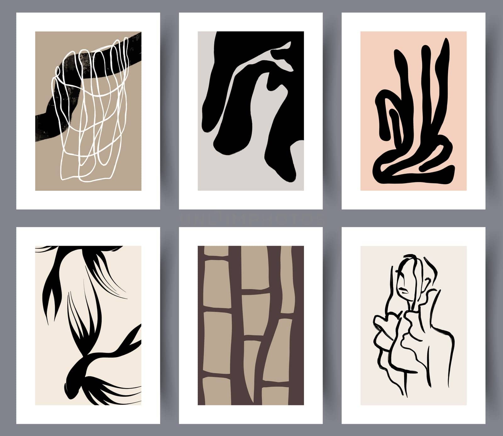Set of Scandinavian abstract wall art. Collection of minimalistic art vector poster. Hand drawn minimalism design for interior. Printable bundle. Vector illustration.