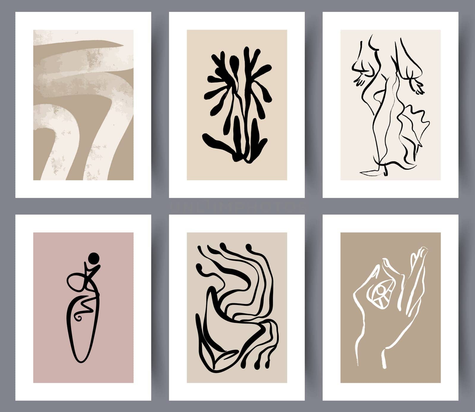 Set of neutral minimalistic hand drawn wall art designs. Collection of Scandinavian abstract posters or banners. Bundle or Nordic artwork for decoration. Vector illustration.