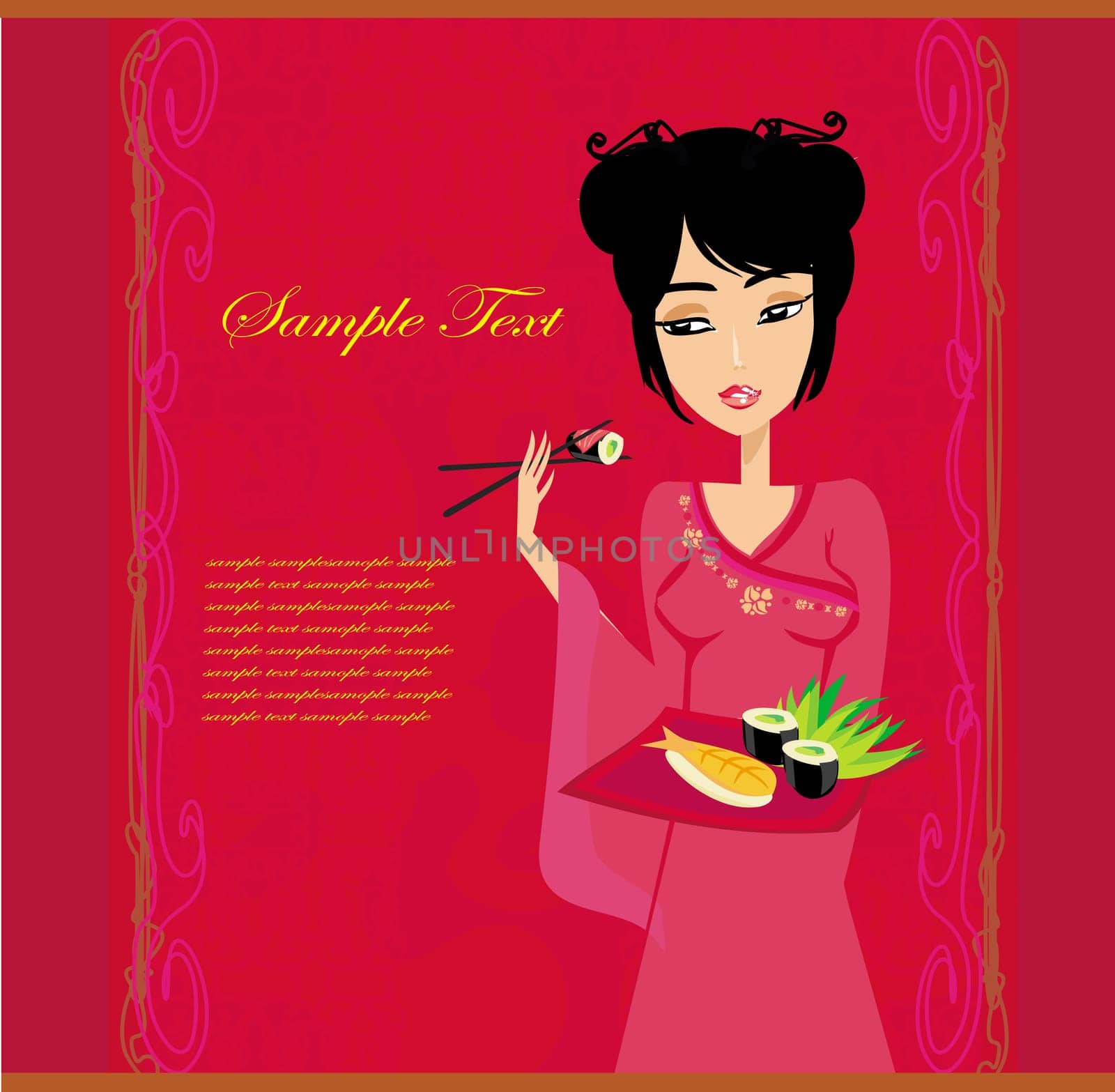 beautiful Asian girl enjoy sushi - menu template
