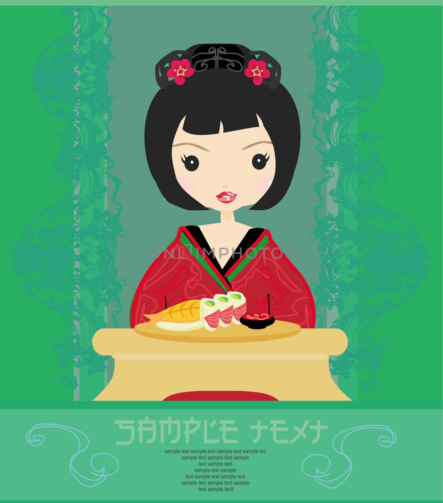 beautiful Asian girl enjoy sushi - menu template