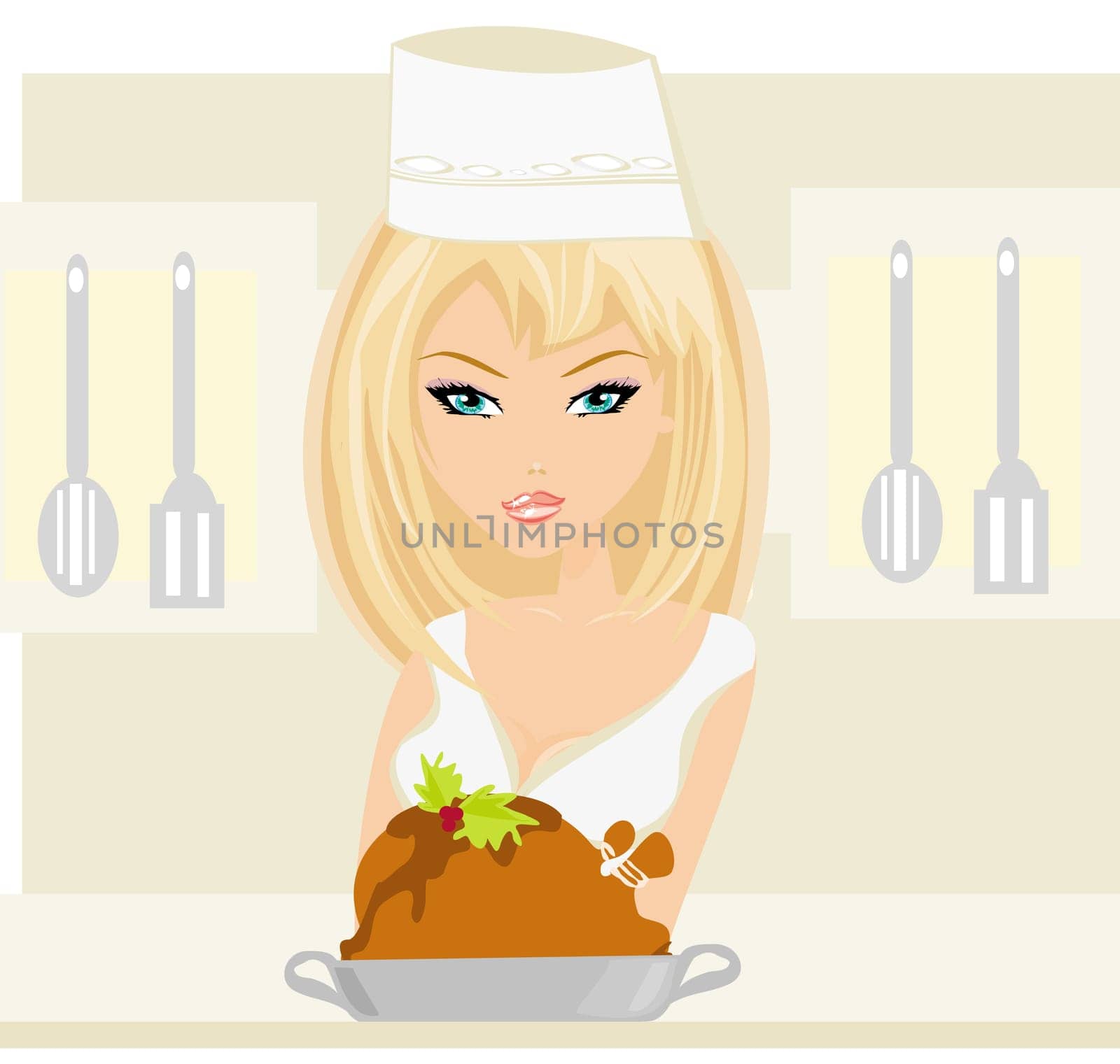 Beautiful lady cooking chicken or turkey in the kitchen