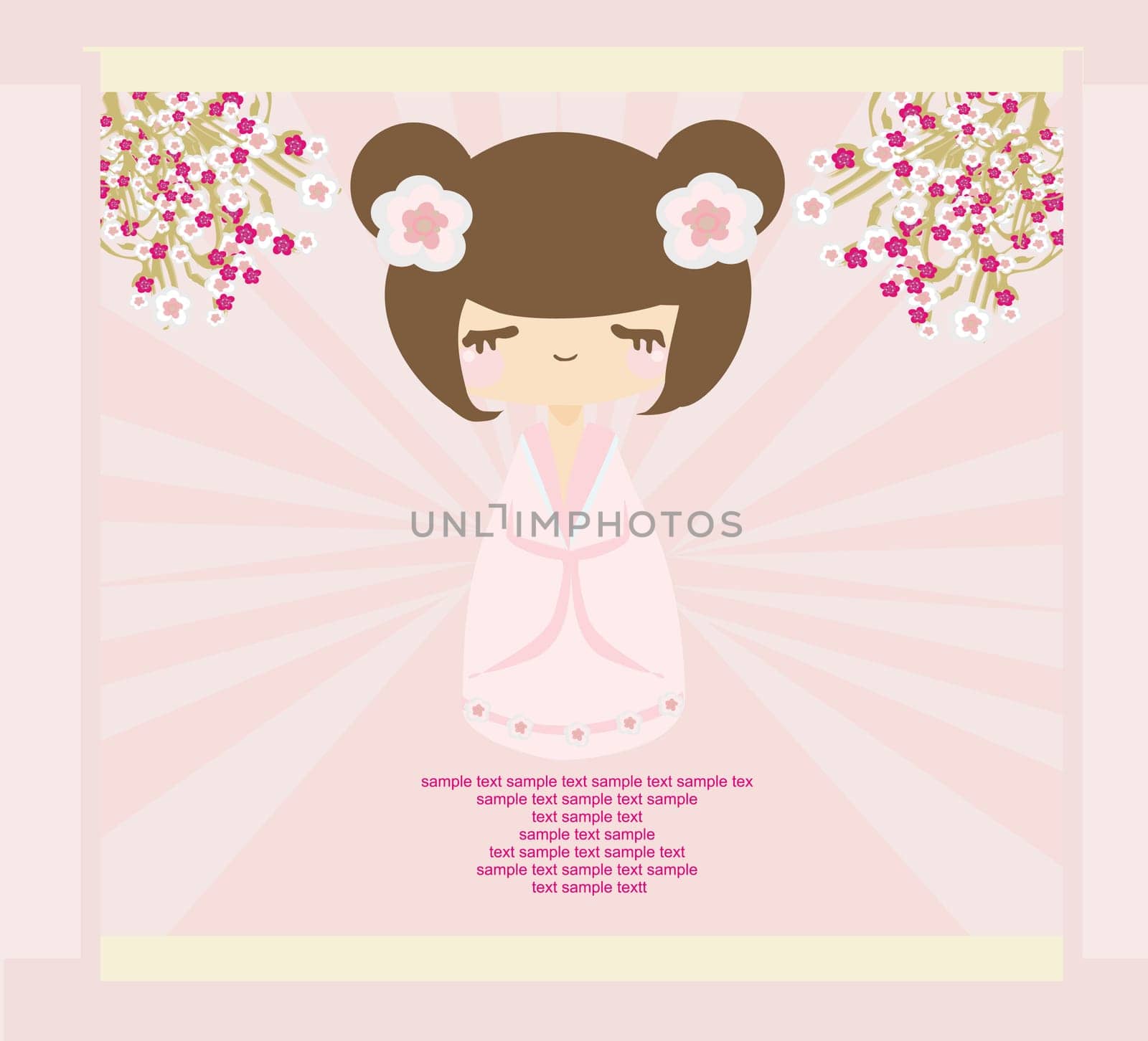 Kokeshi doll on the pink background with floral ornament