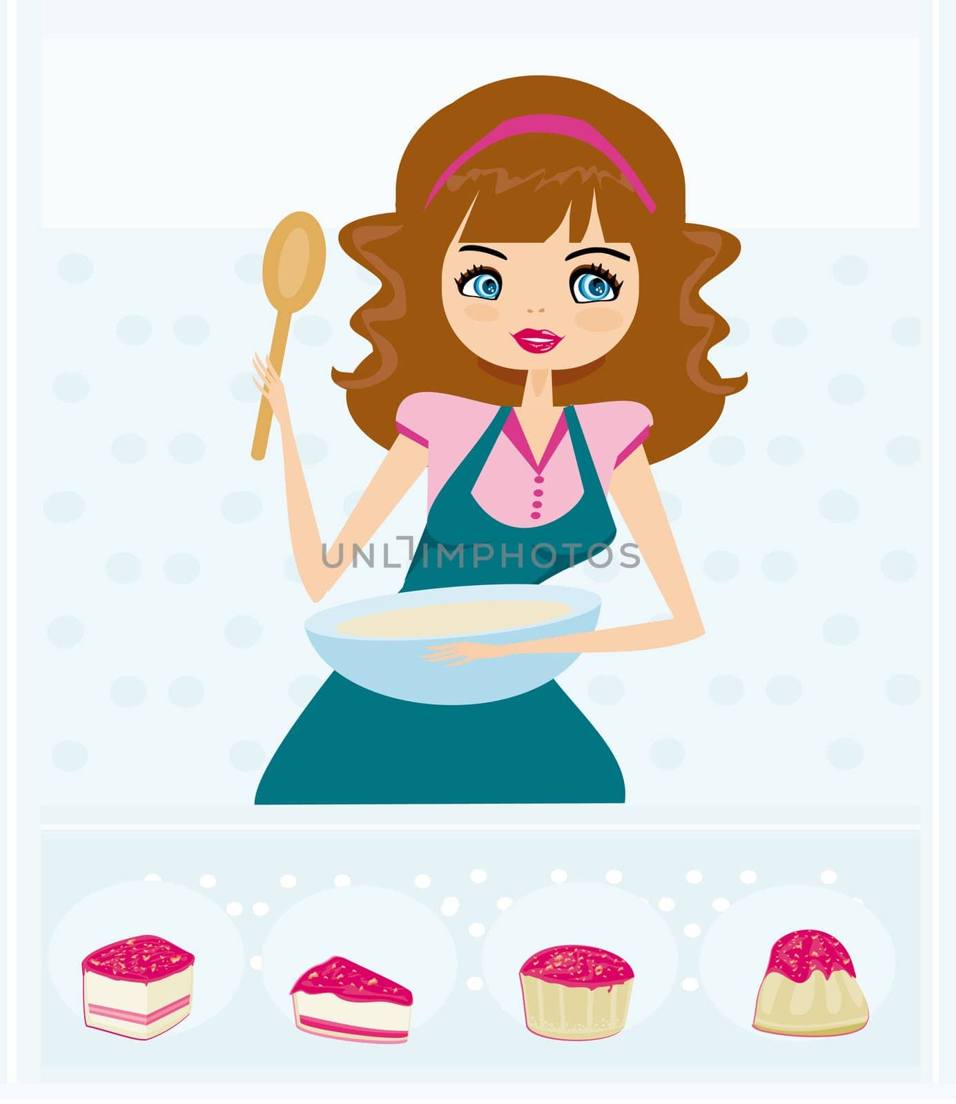 Beautiful young lady cooking cakes