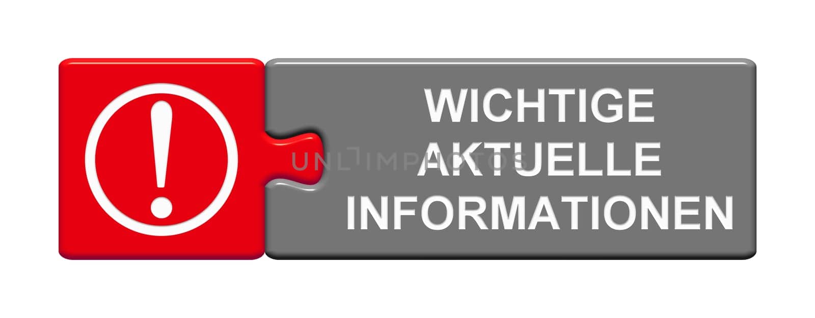 Isolated Puzzle Button with Exclamation Mark Symbol showing Important current Informations in german language 3D illustration