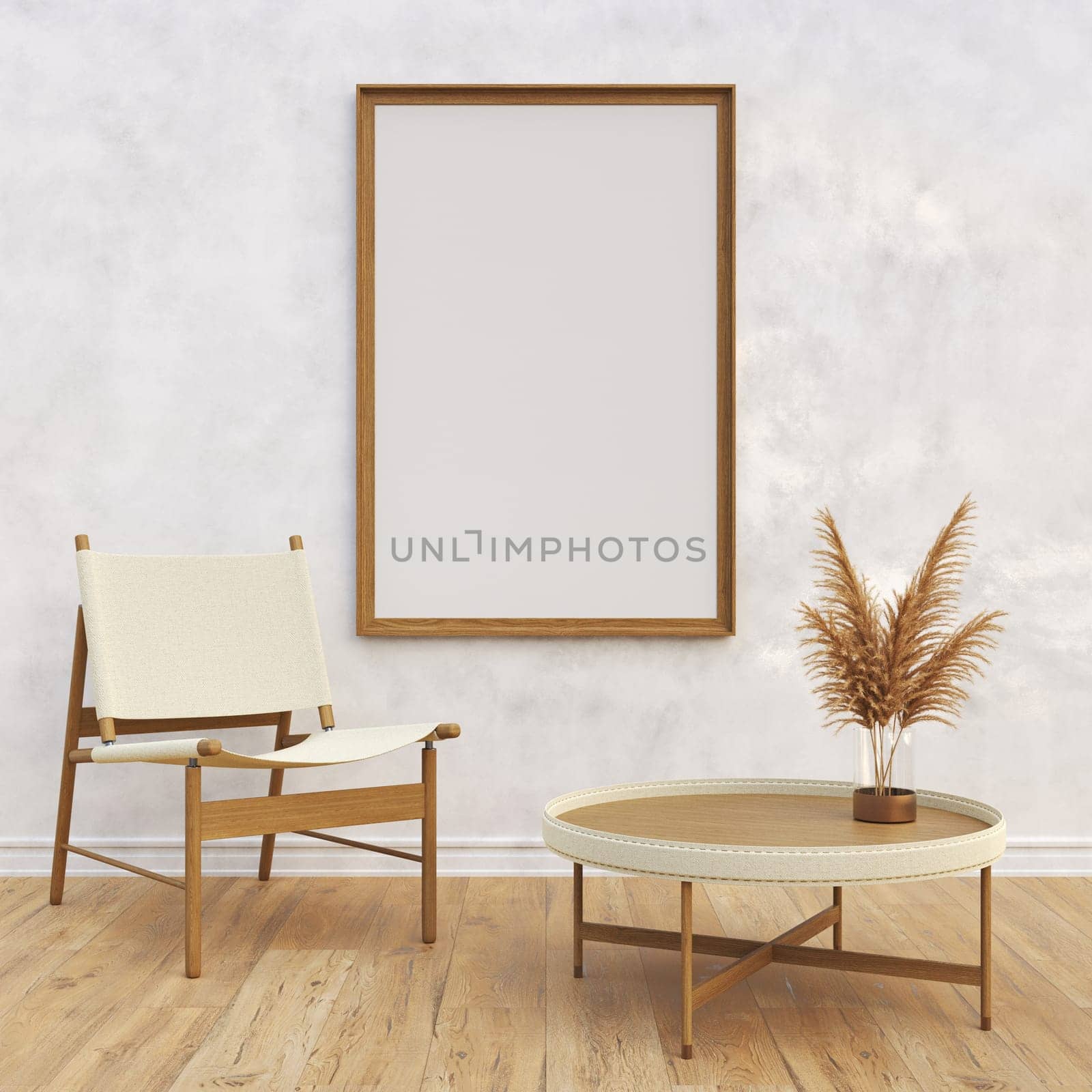 Mock up poster frames with minimal armchair in modern interior background 3D render 3D illustration