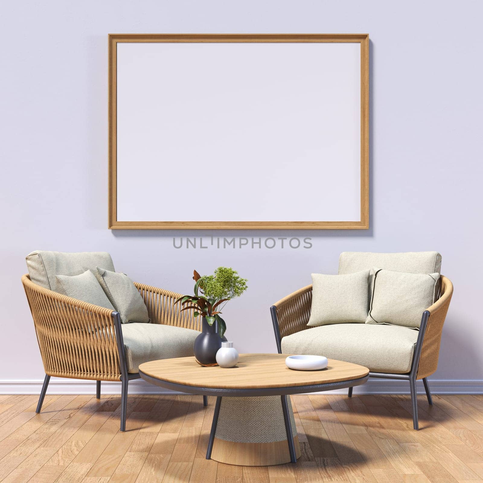Mock up poster frames with two wooden armchairs  in modern interior background 3D render 3D illustration