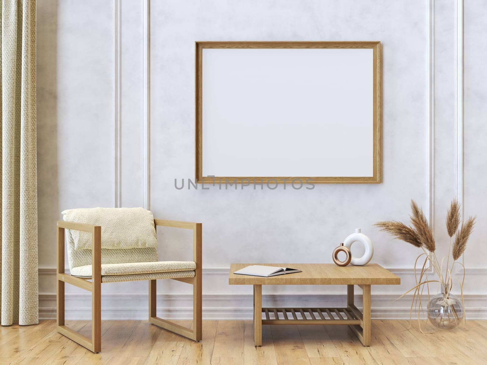 Mock up poster frames with armchair and curtain in modern interior background 3D render 3D illustration