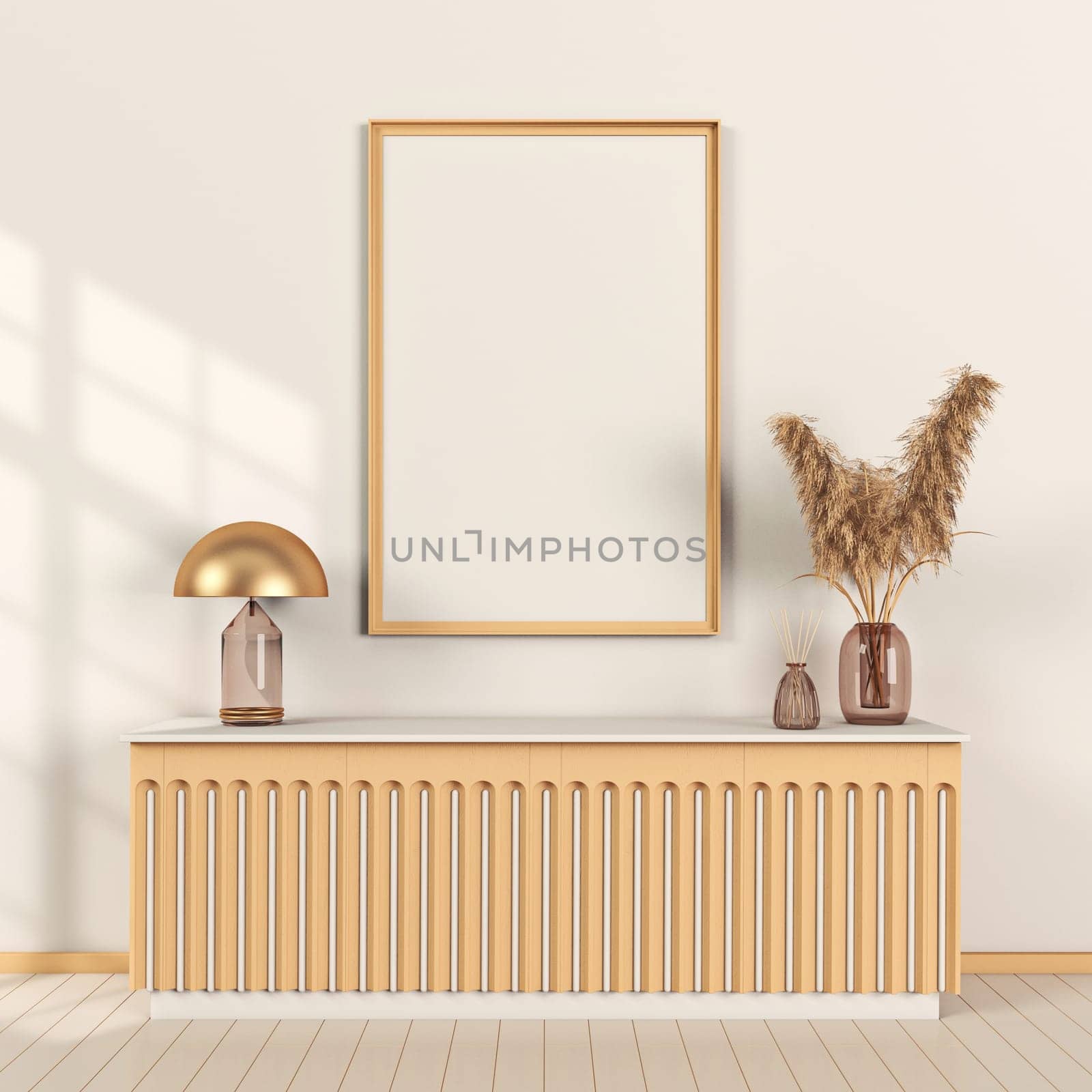 Mock up poster frames with lamp and dried flowers  in modern interior background 3D render 3D illustration