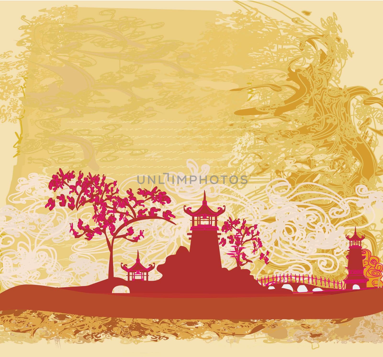 old paper with Chinese Temple on abstract Asian Landscape