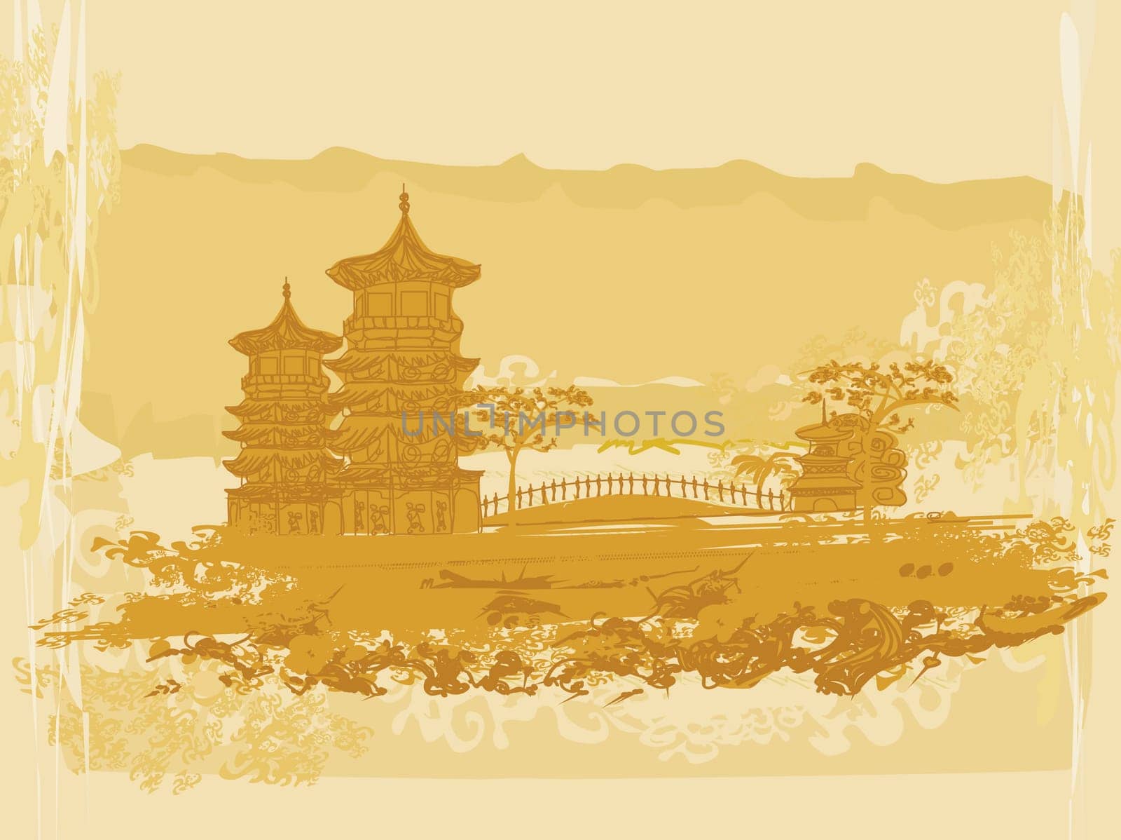 old paper with Chinese Temple on abstract Asian Landscape