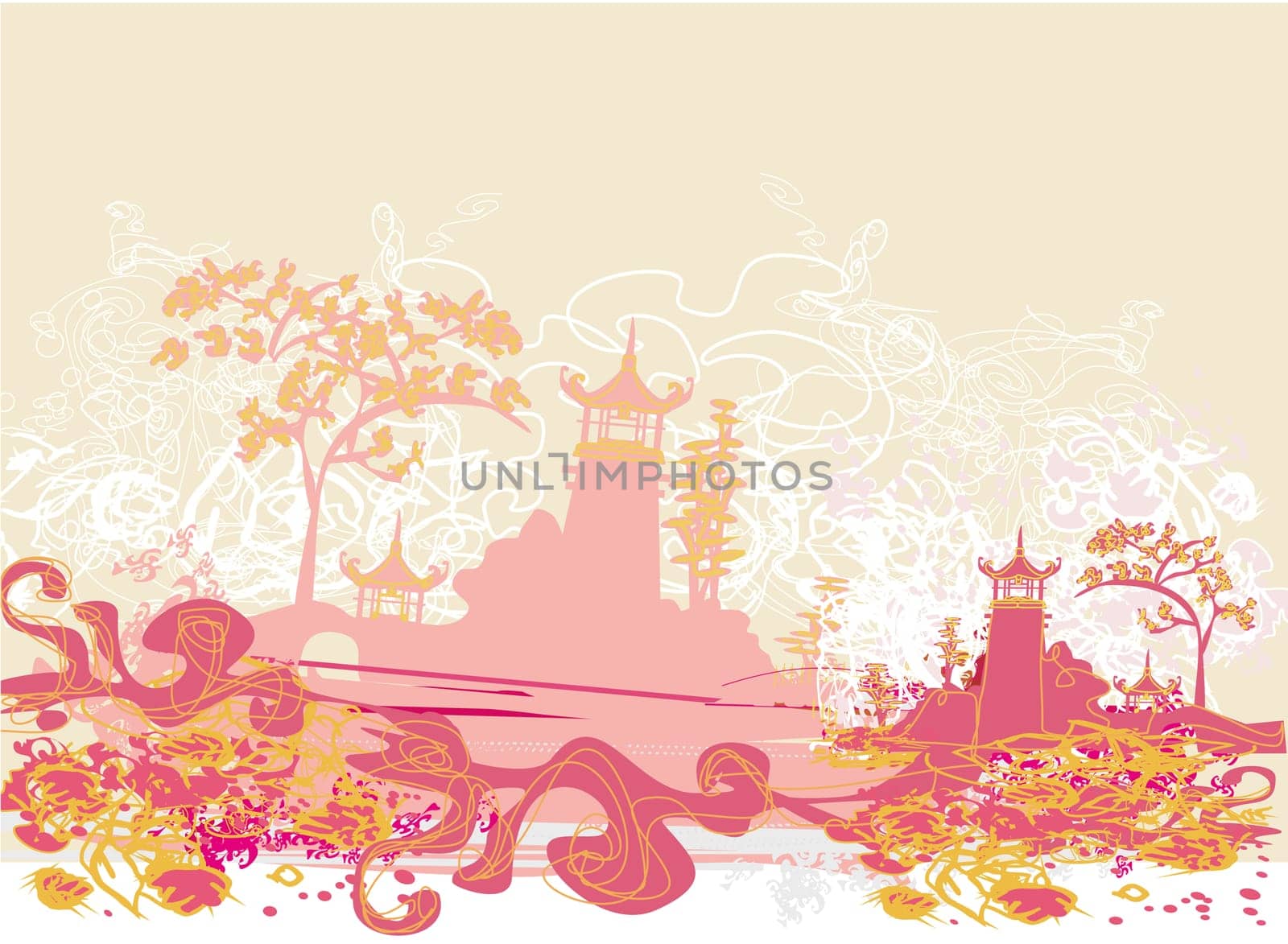 old paper with Chinese Temple on abstract Asian Landscape