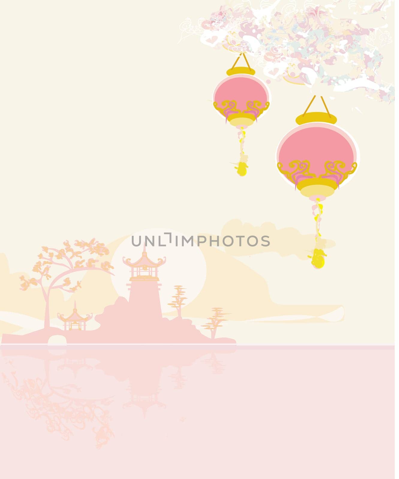 old paper with Asian Landscape and Chinese Lanterns - vintage japanese style background
