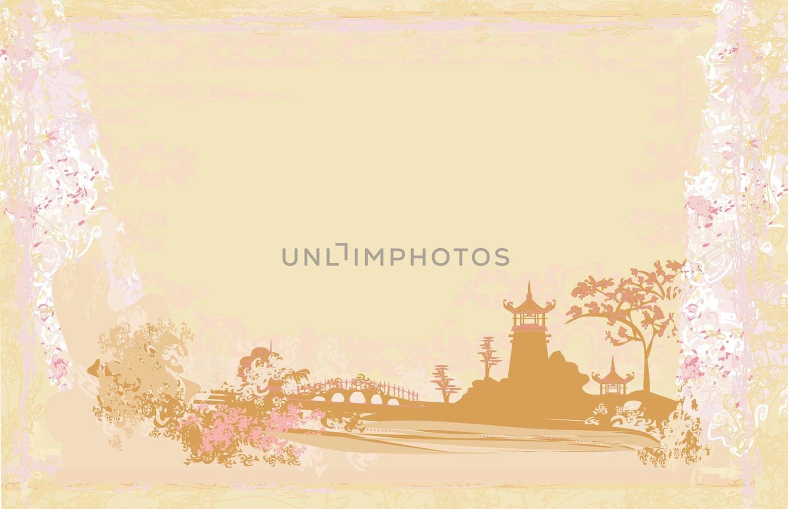 old paper with Chinese Temple on abstract Asian Landscape
