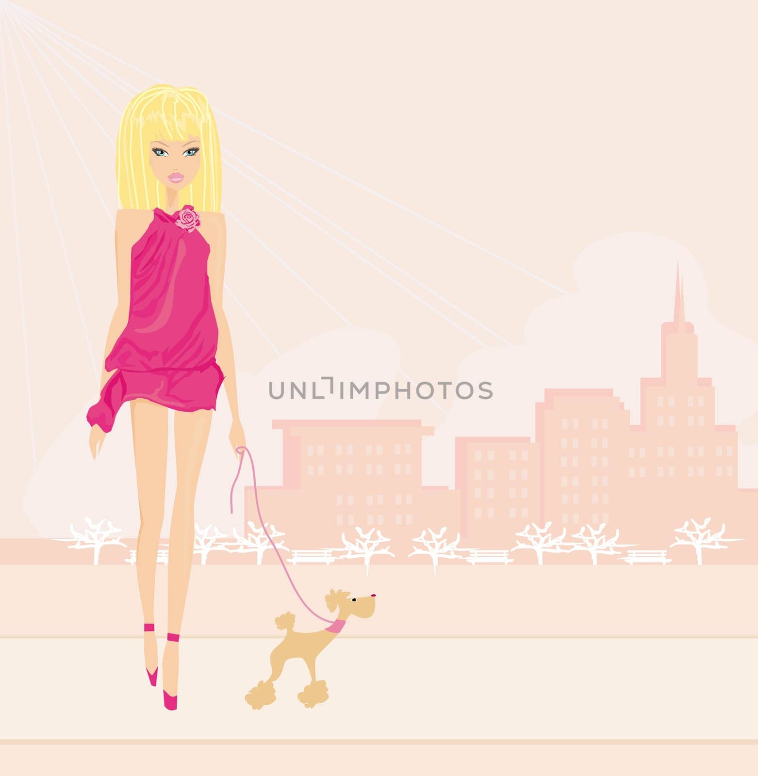 Young sexy Girl and her puppy in park in the city