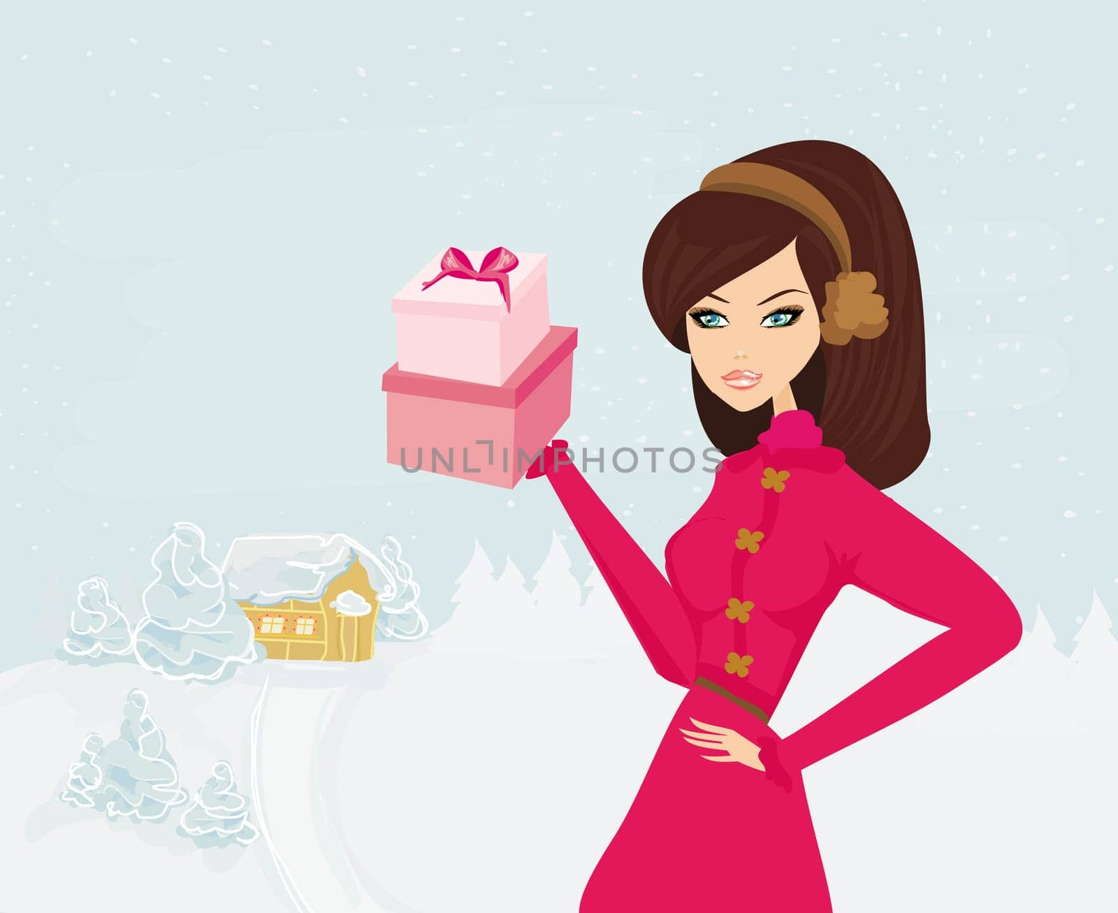 winter young girl with gift box