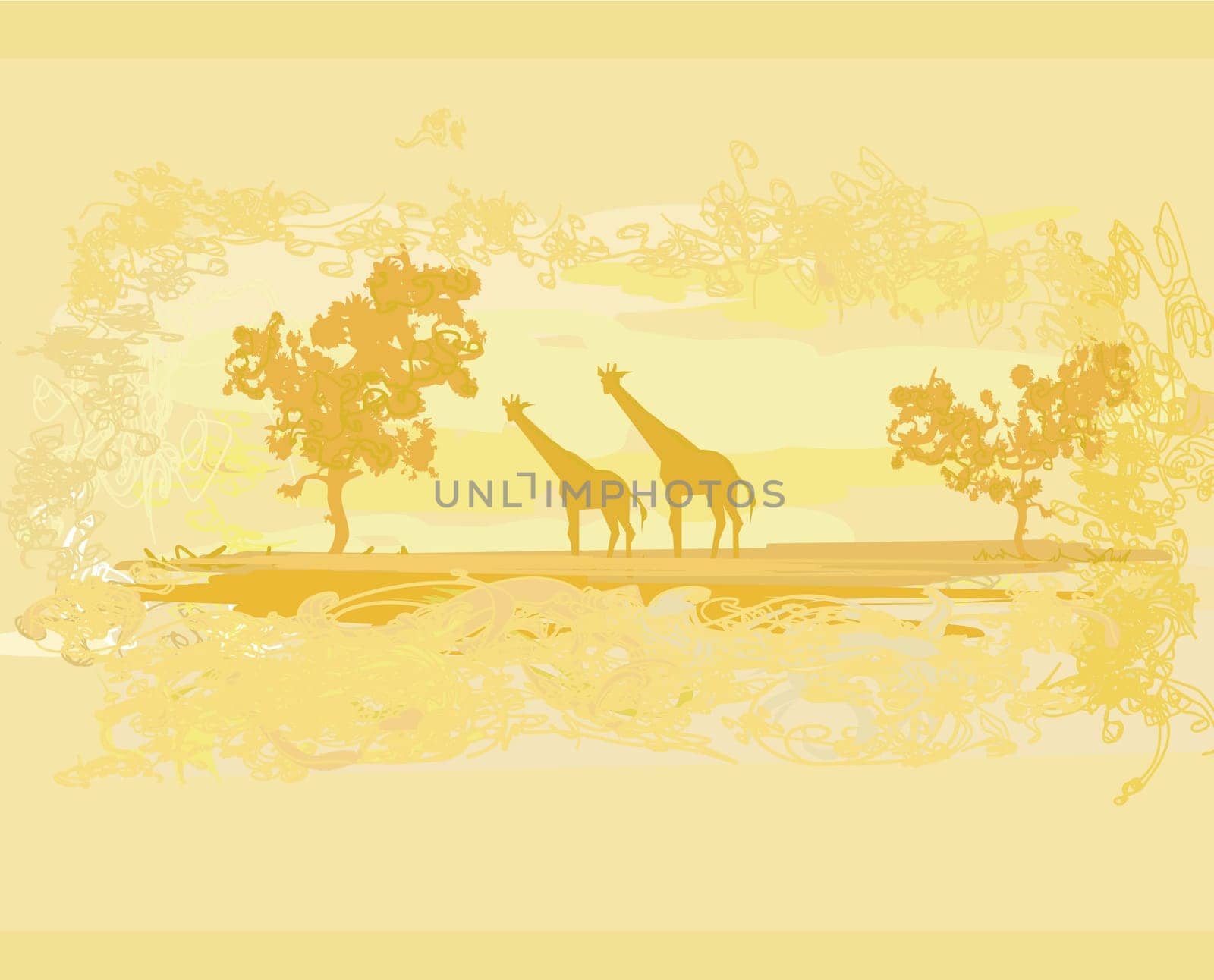 grunge background with giraffe silhouette on abstract African fauna and flora