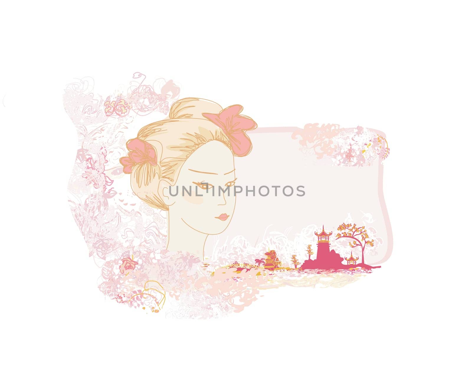 Abstract Beautiful geisha Portrait and asian landscape card