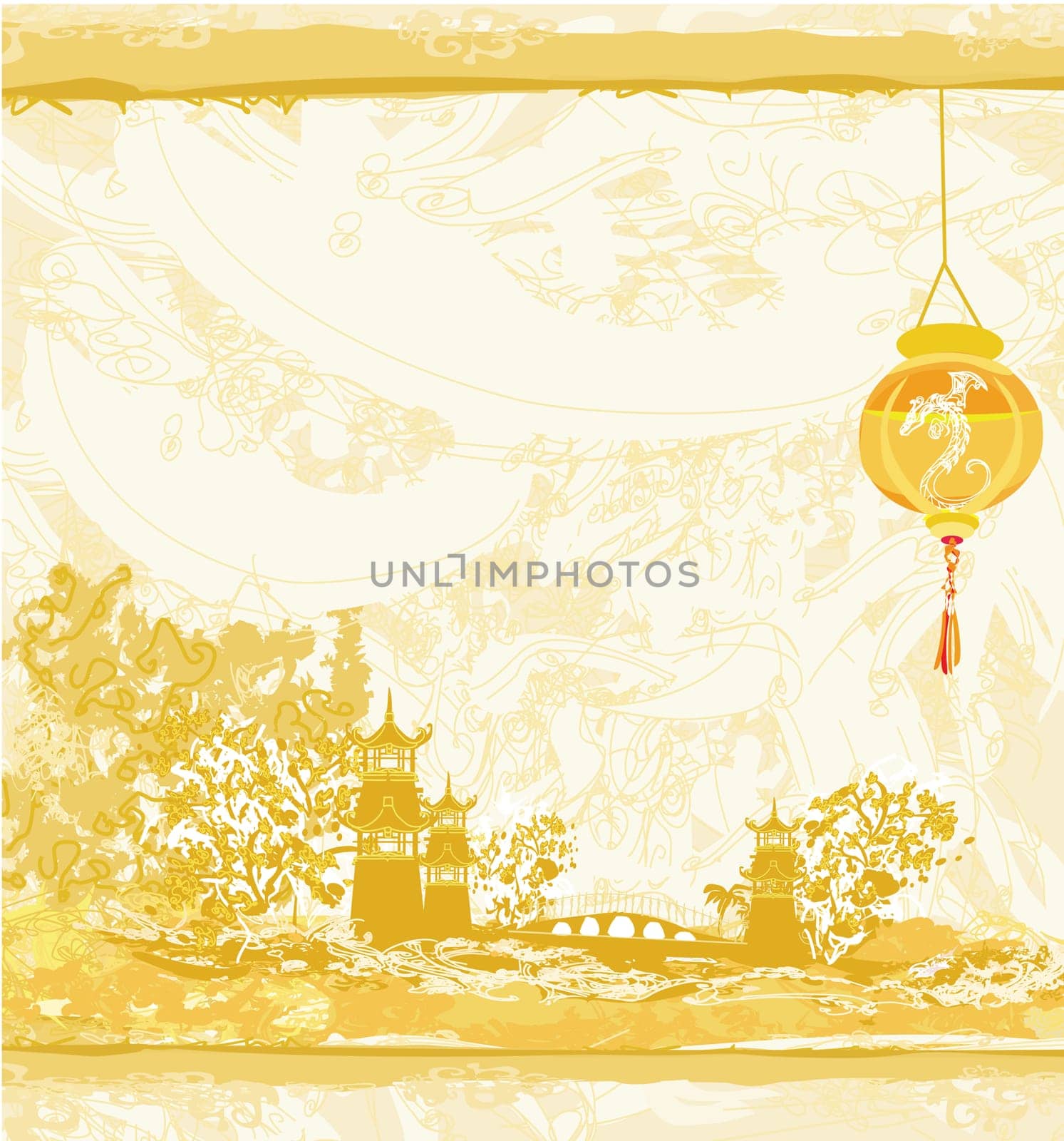 old paper with Asian Landscape and Chinese Lanterns - vintage japanese style background