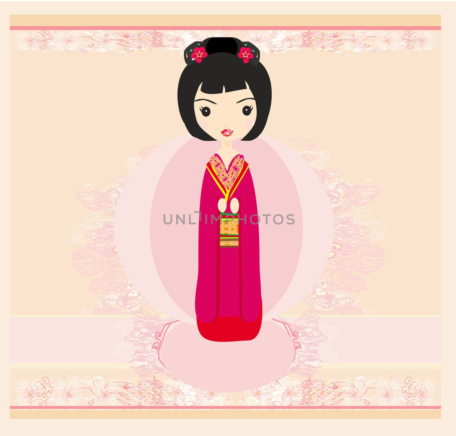 Kokeshi doll on the pink background with floral ornament