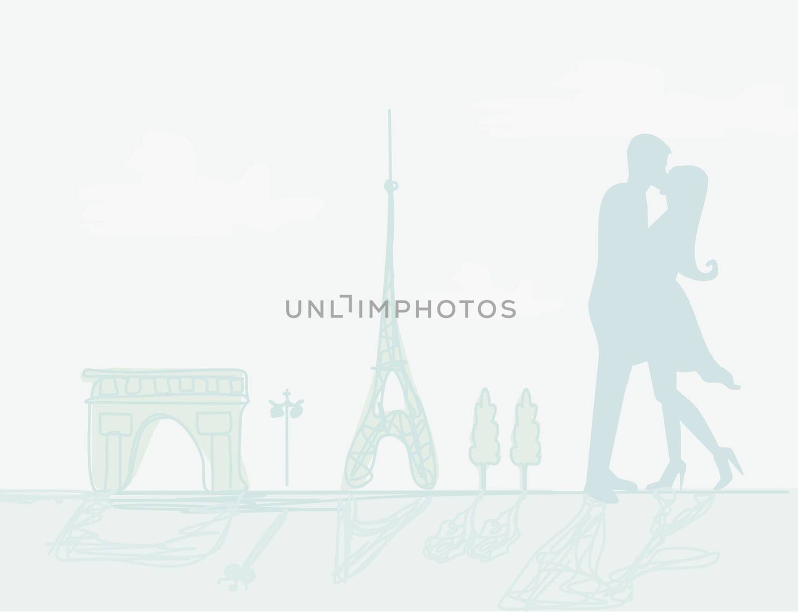 Romantic couple silhouette in Paris kissing near the Eiffel Tower