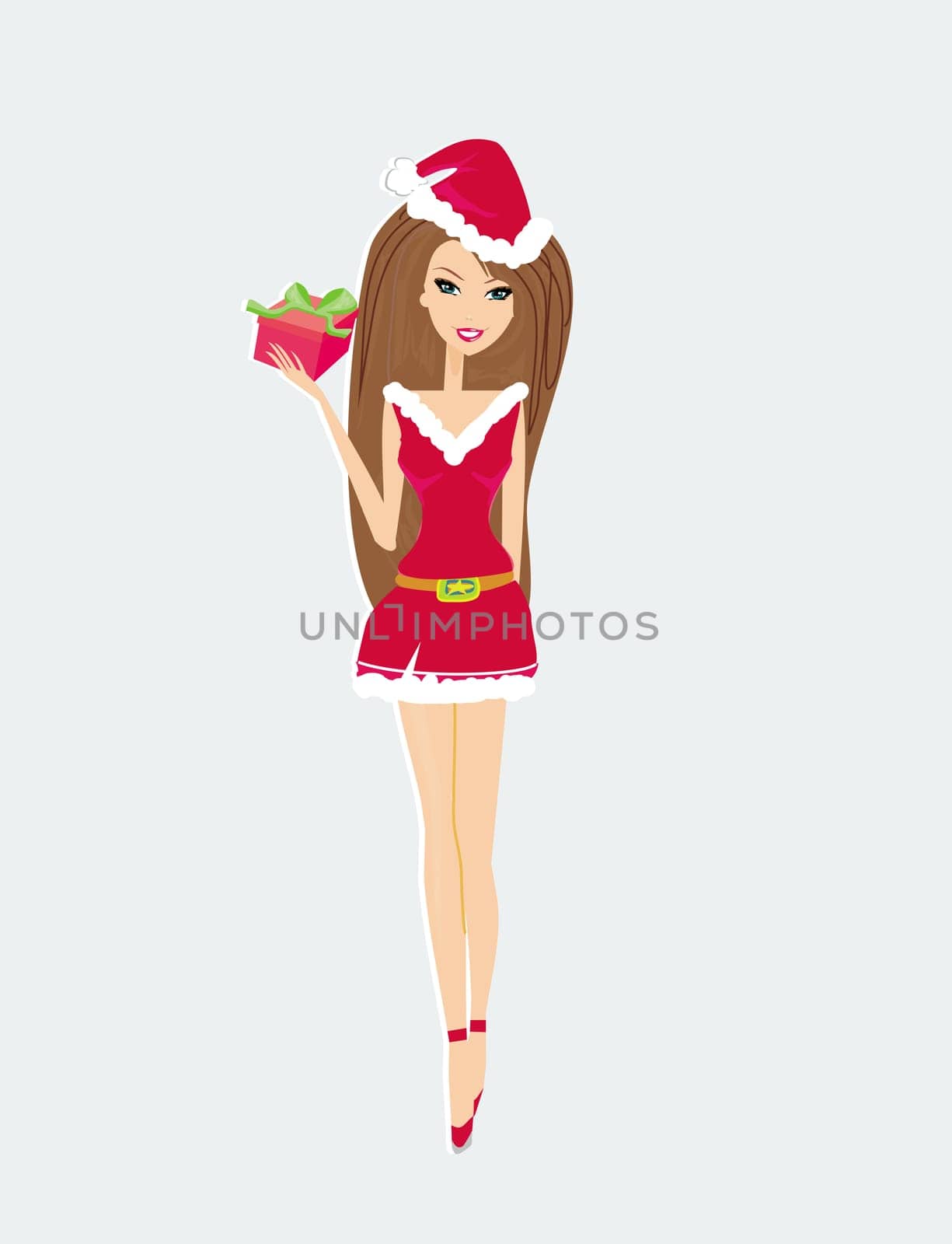 beautiful pin-up girl with gift box in Christmas inspired costume