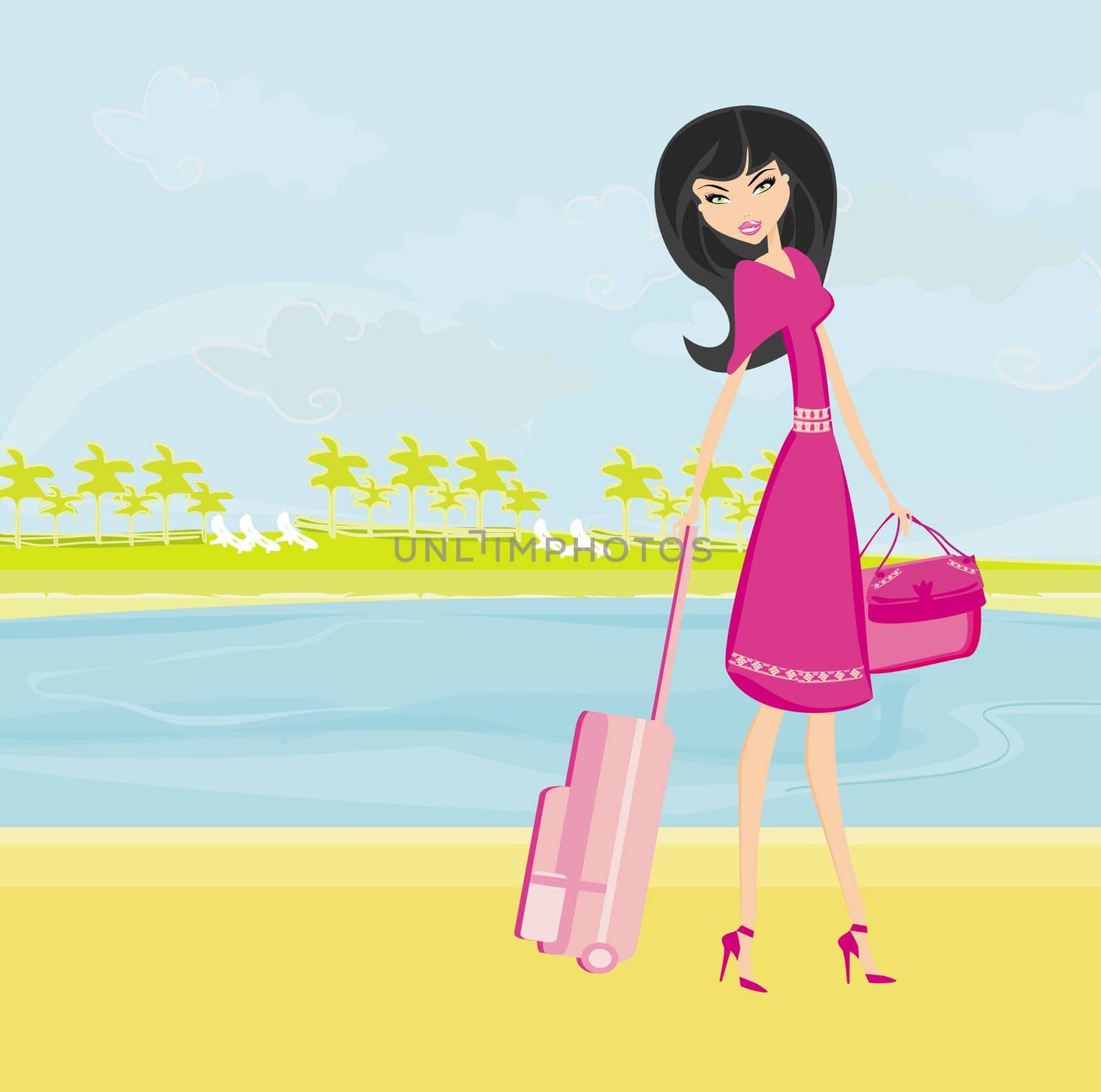 beauty travel girl with baggage on vacation