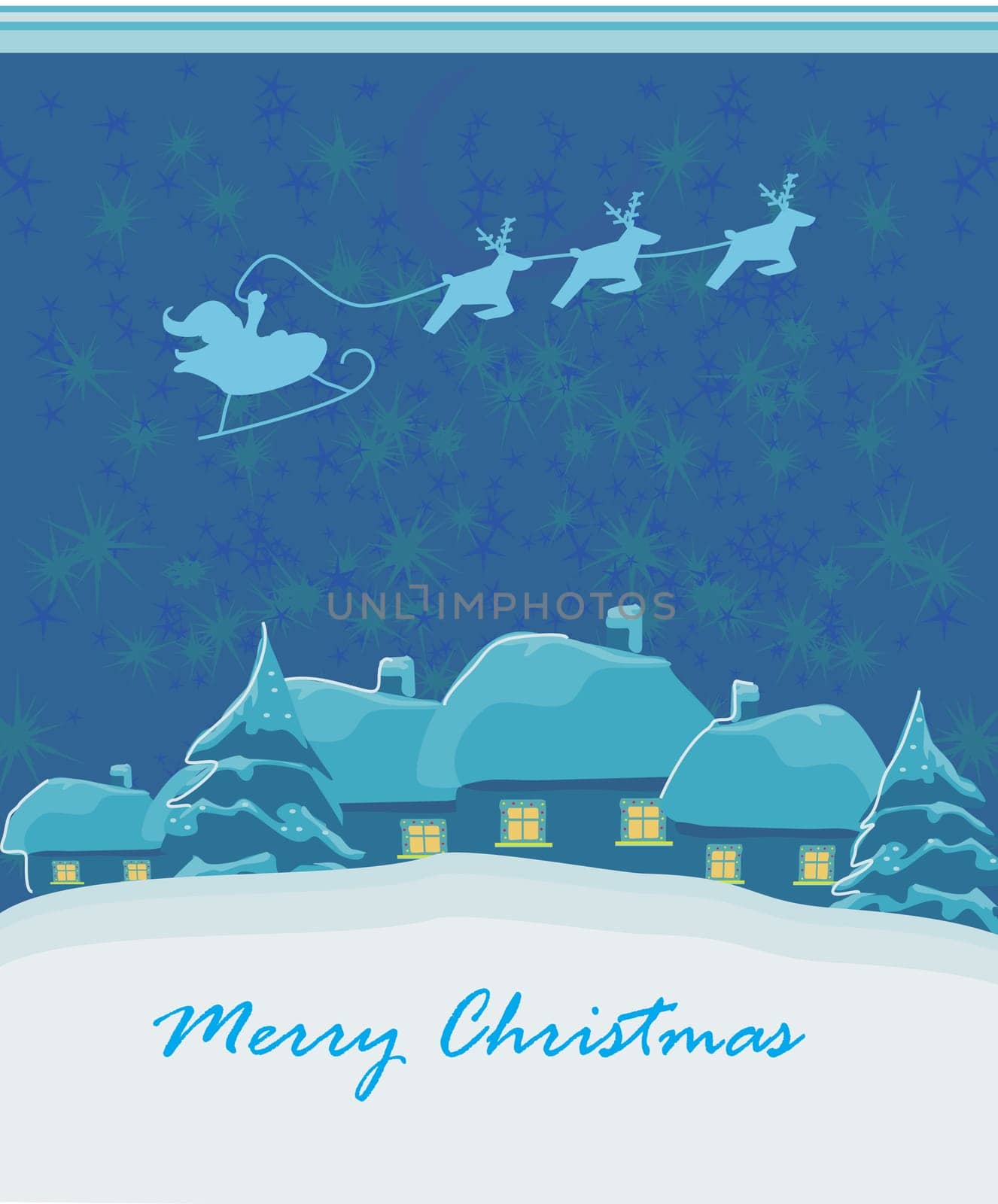 Happy New year card with Santa Claus silhouette and winter landscape at night