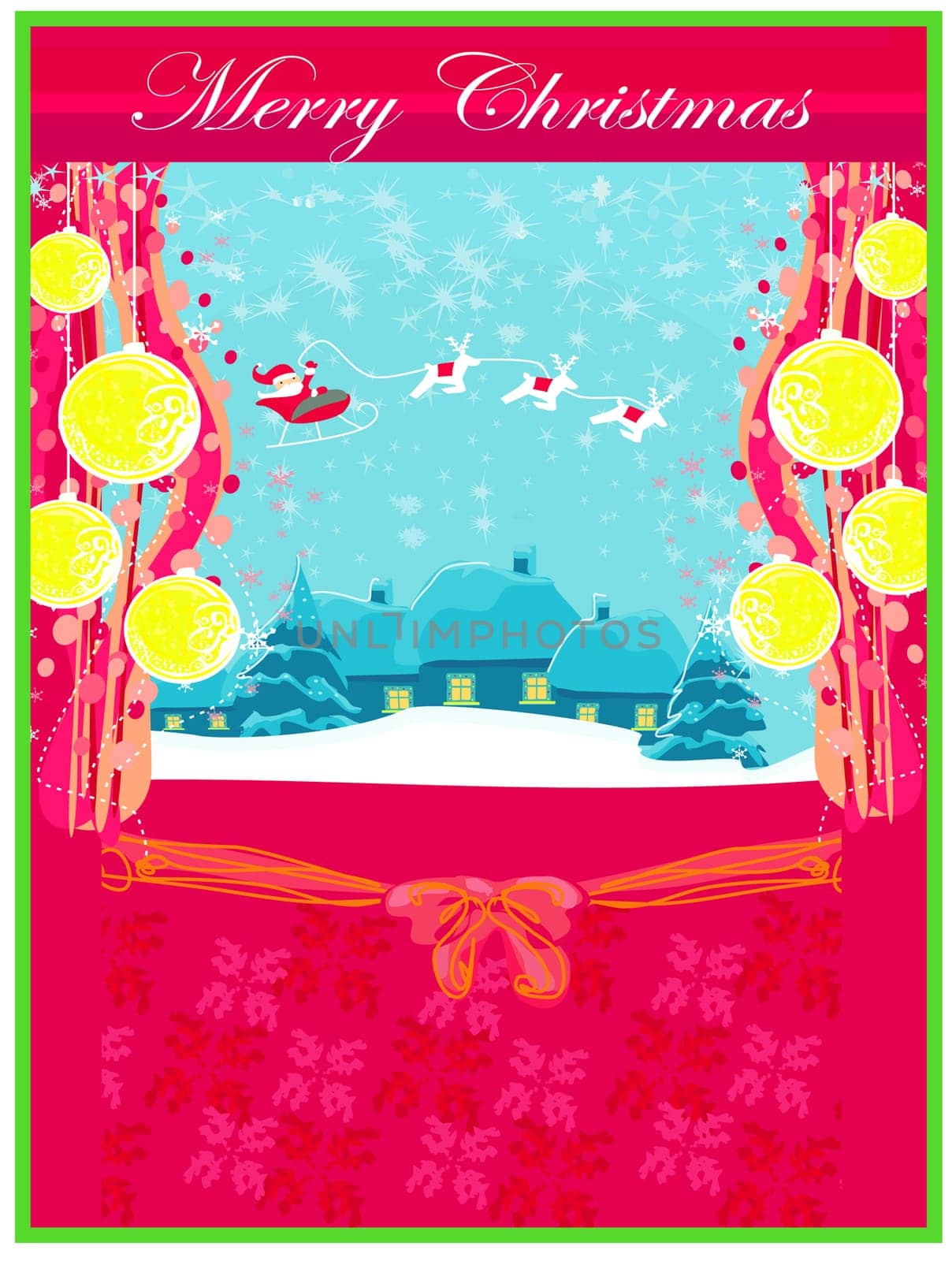 Happy New year card with Santa and winter landscape