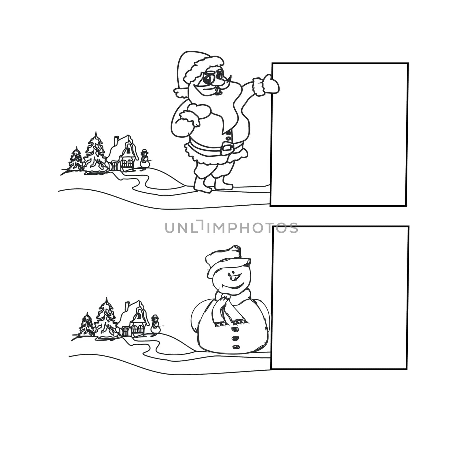 Happy New year card with Santa, snowman and winter landscape - doodle