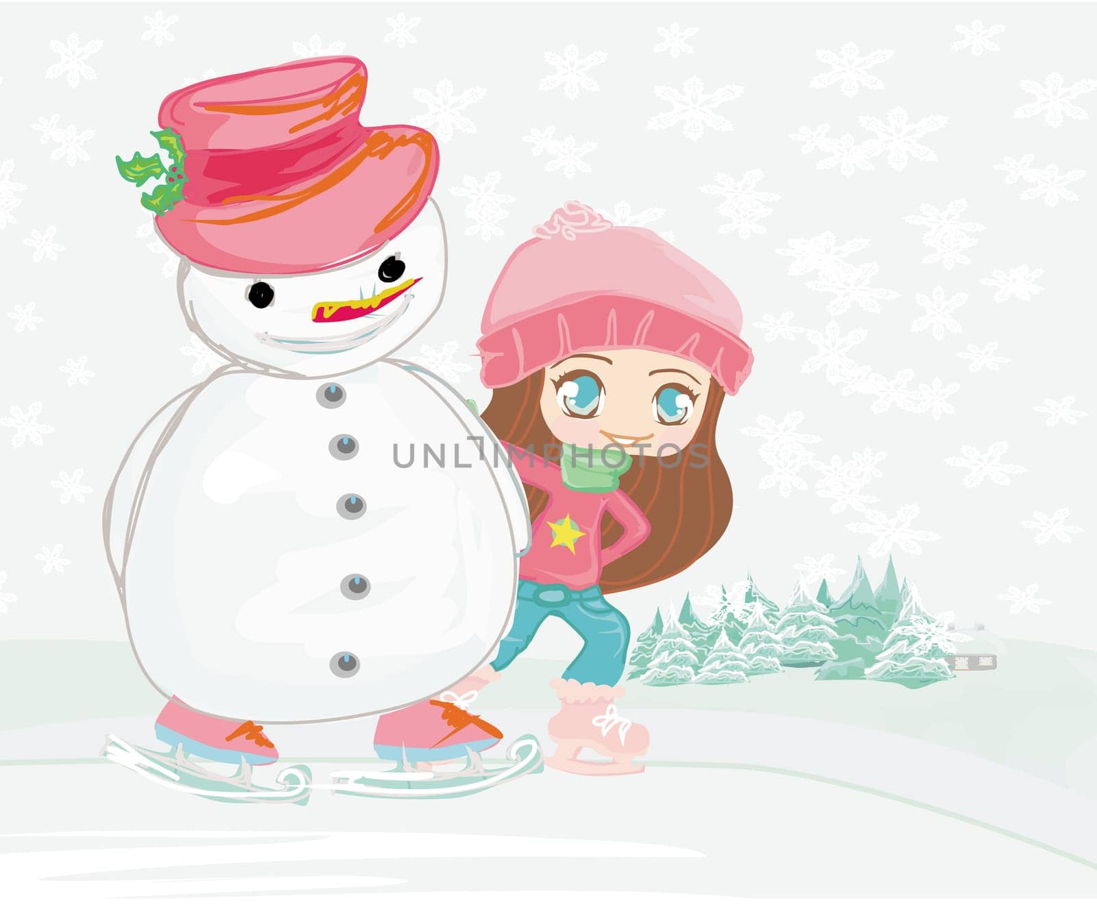 Girl and snowman on a skating rink on winter landscape
