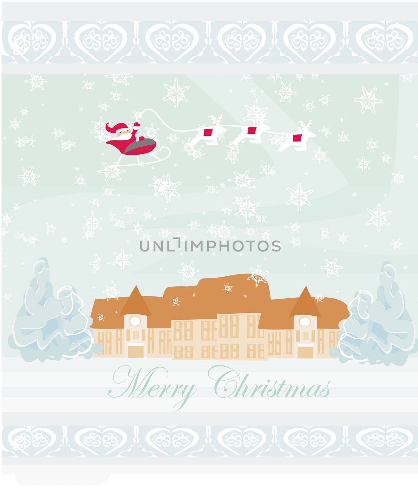 Happy New year card with Santa and winter landscape