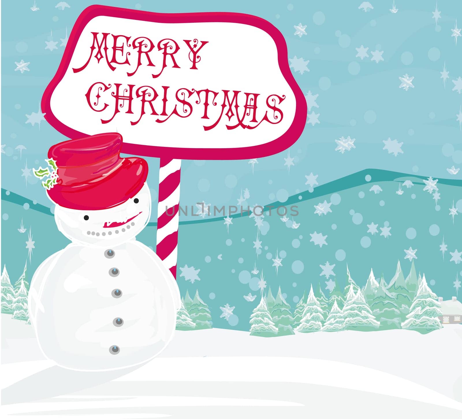 Happy snowman on winter landscape Christmas card