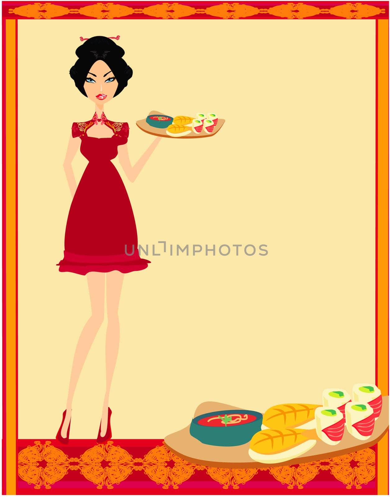 beautiful Asian girl enjoy sushi - menu template