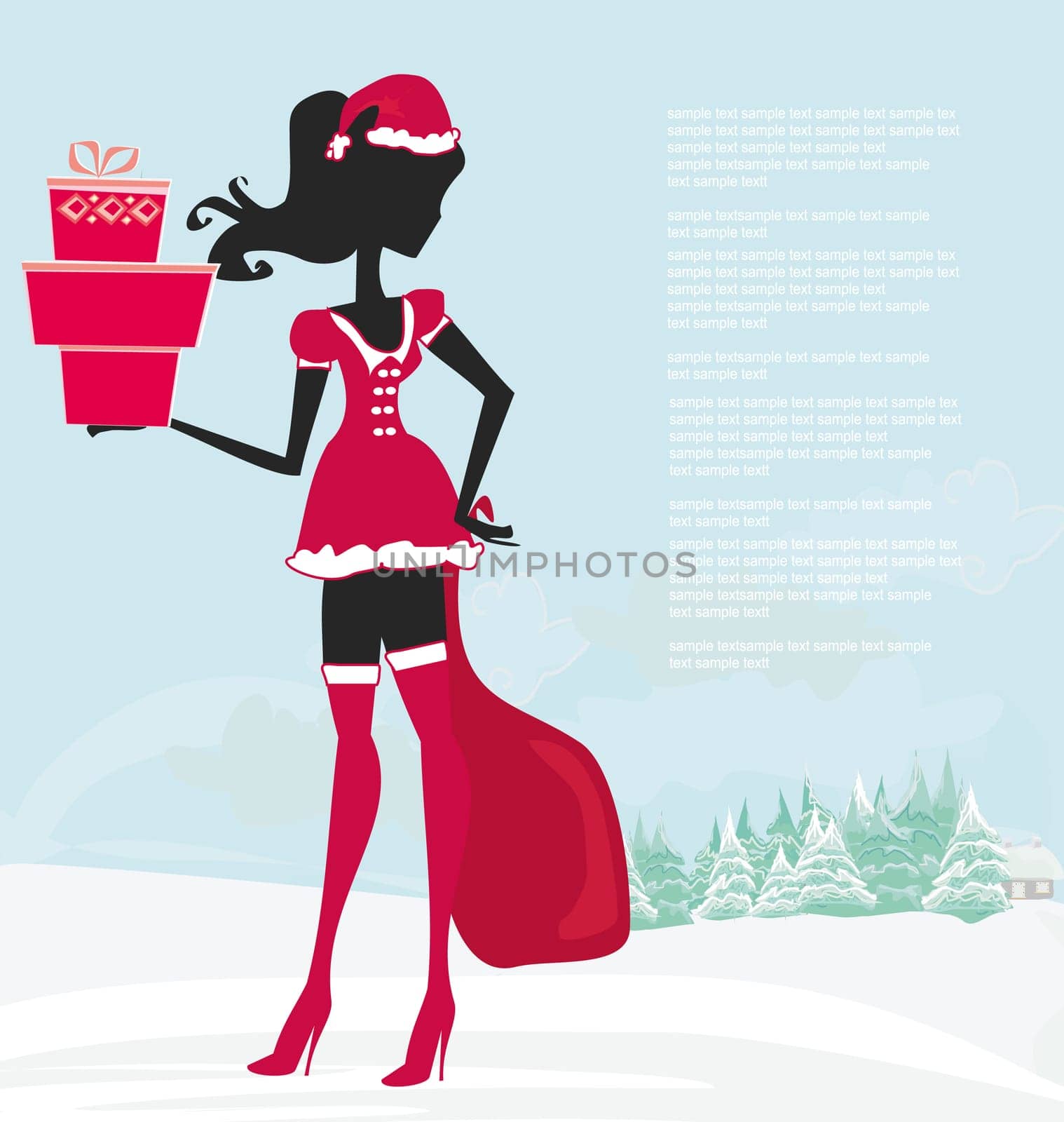 Happy New year card with Santa girl silhouette and winter landscape