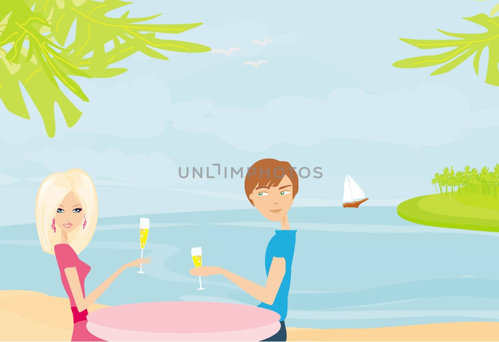 Happy young couple drinking champagne on a tropical beach
