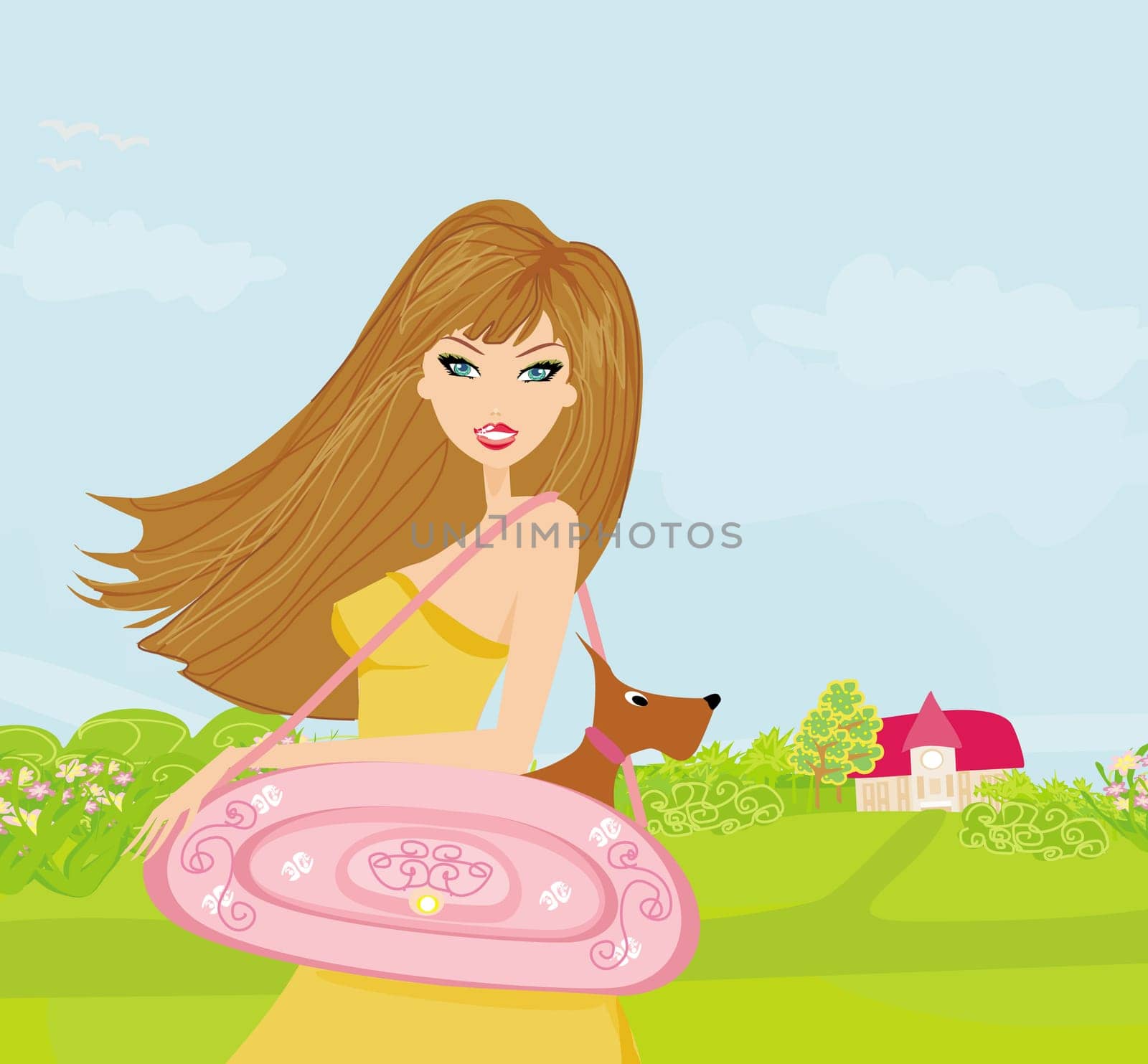 Fashion girl and her puppy in bag on rural landscape