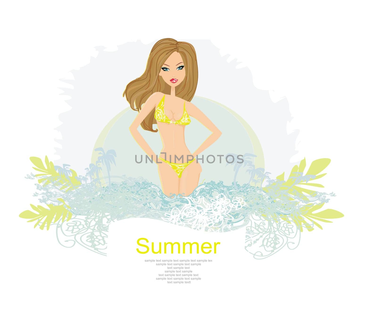 Grunge banner with palm trees and sexy girl in bikini poster